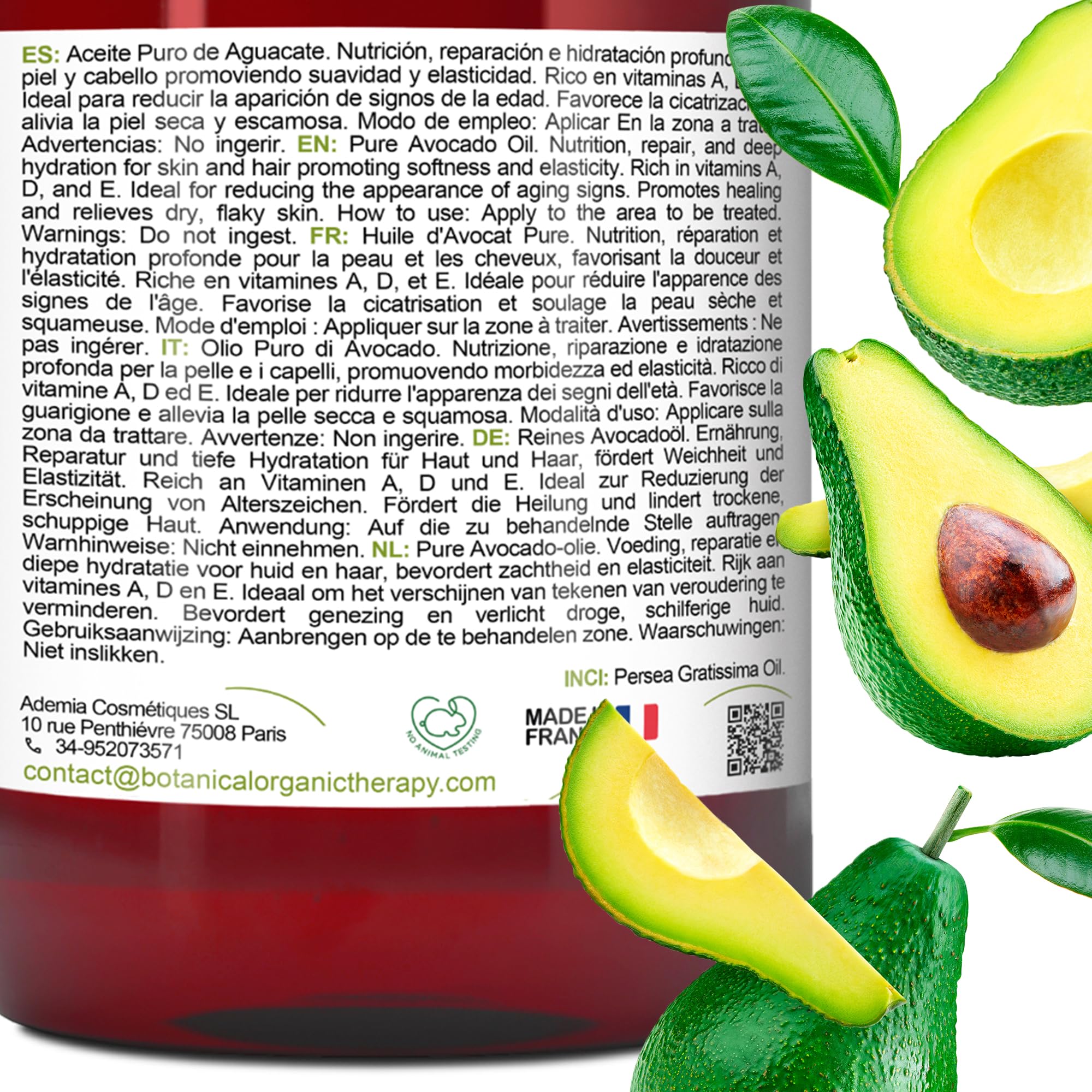 B.O.T Cosmetic & Wellness - Olio di Avocado Biologico Extravergine Nativo | Idratante per Corpo, Capelli e Viso | Antirughe Naturale | Rigenerante Capelli | Struccante, 250 ml