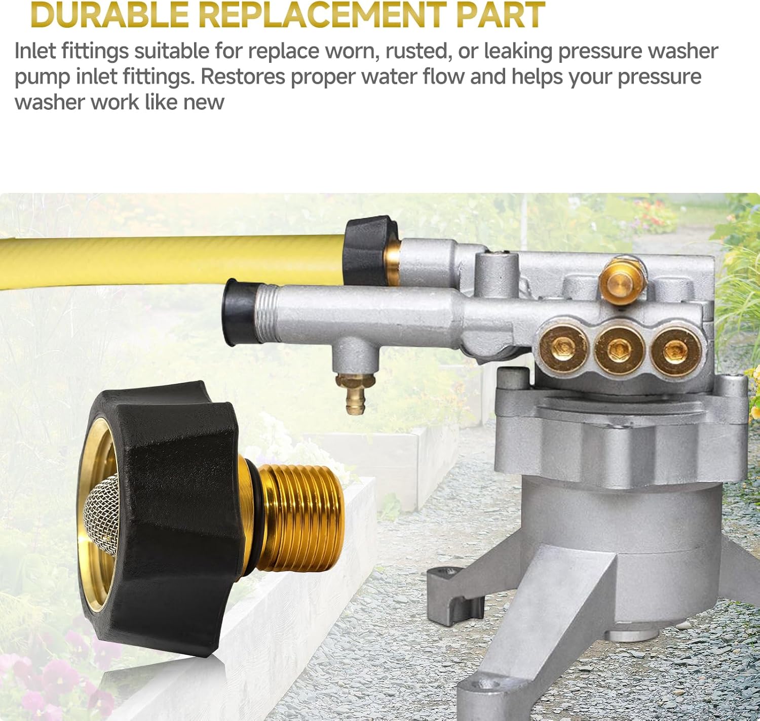 For 7112362 Water Inlet Fitting for Pressure Washer Pump, 3/4" Female to 3/8" Male Garden Hose Adapter with Filter Screen & O-Ring Compatible with Simpson Pumps 510005 510026 520020 540006