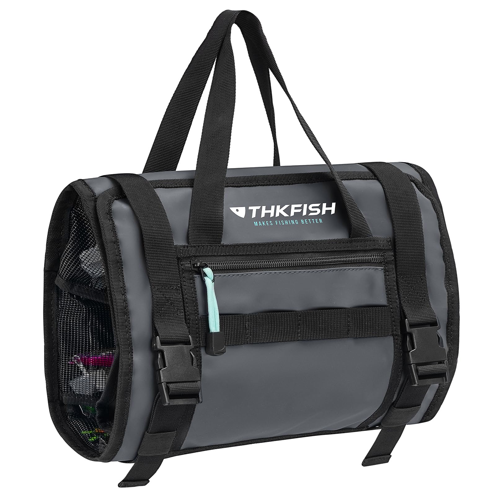 THKFISH Big Bait Bag, Roll-Up Large Trolling Lure Bag for Big Baits with 7 or 8 Heavy Duty PVC Protective Cover Pockets, Mesh Cleaning & Drying Tabs