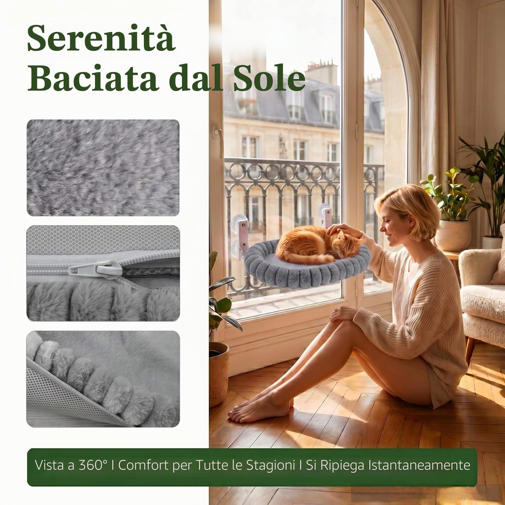 Amaca per Gatti da Finestra 52x30cm, Ventose, Coniglio, Grigio | 4 ventose potenti, design pieghevole, supporto fino a 18 kg, cuscino soffice e lavabile