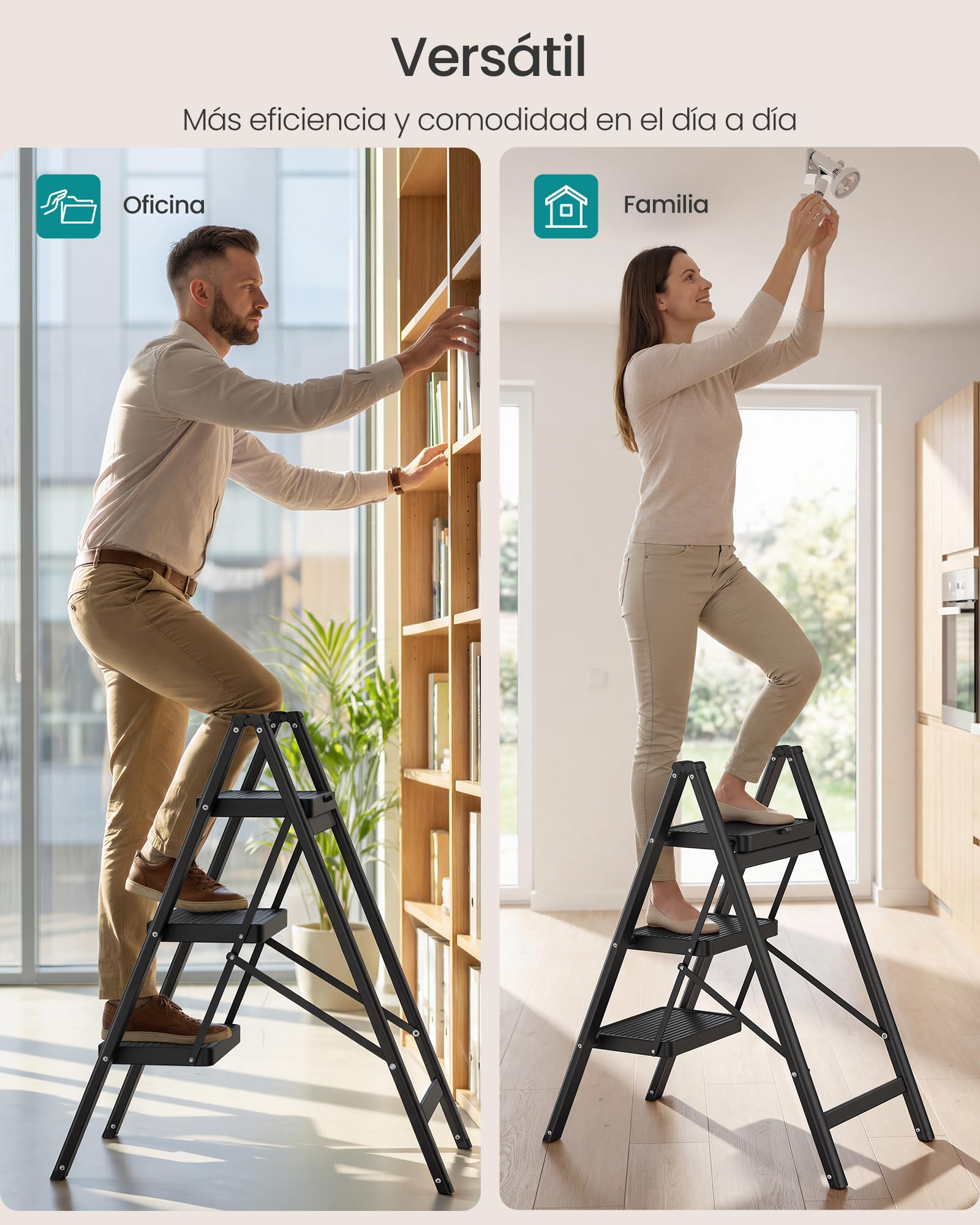 SONGMICS Escalera Plegable, Taburete Plegable de Acero, Escalera de 3 Peldaños, Carga hasta 150 kg, Fácil de Guardar, para Casa y Oficina, Negro, 73,5 x 43,4 x 85,5 cm GSL103BZ01