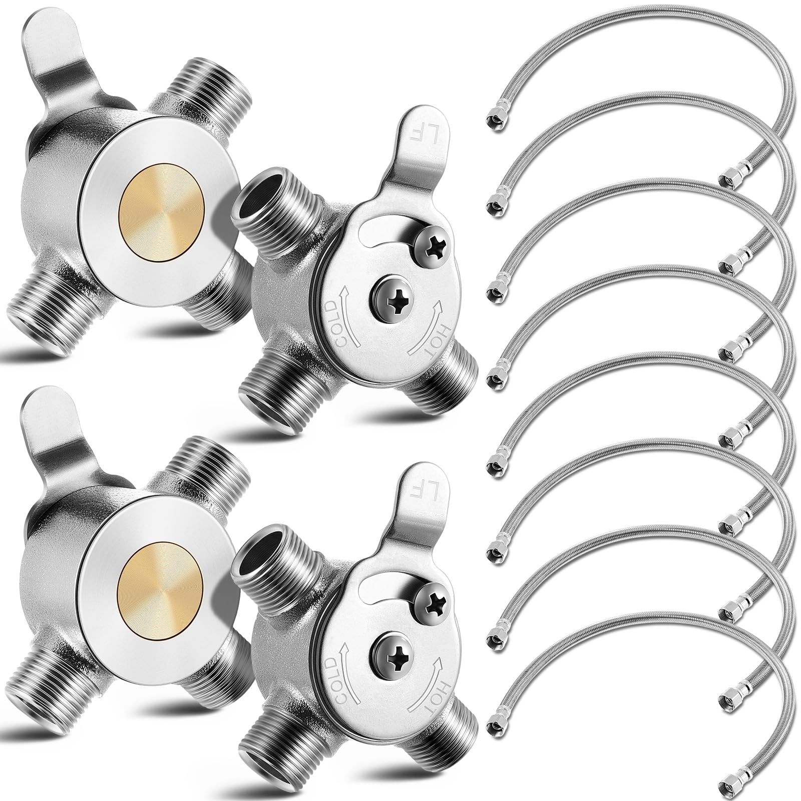 Yaocom 4 Pcs 3/8" Hot and Cold Water Mixing Valve with Braided Faucet Hoses