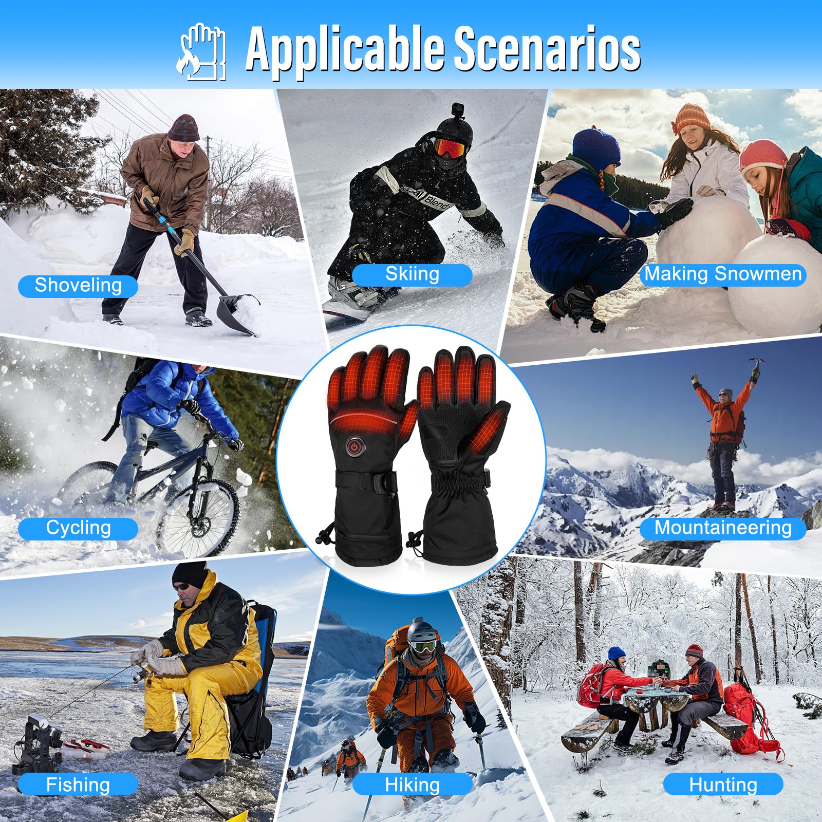 MRAWARM Gants Chauffants Électriques Rechargeables 5V 6000mAh pour Homme Femme, 3 Niveaux de Chauffage, Imperméables, Écran Tactile pour Sports d'Hiver (Noir, Unisexes-Adultes)