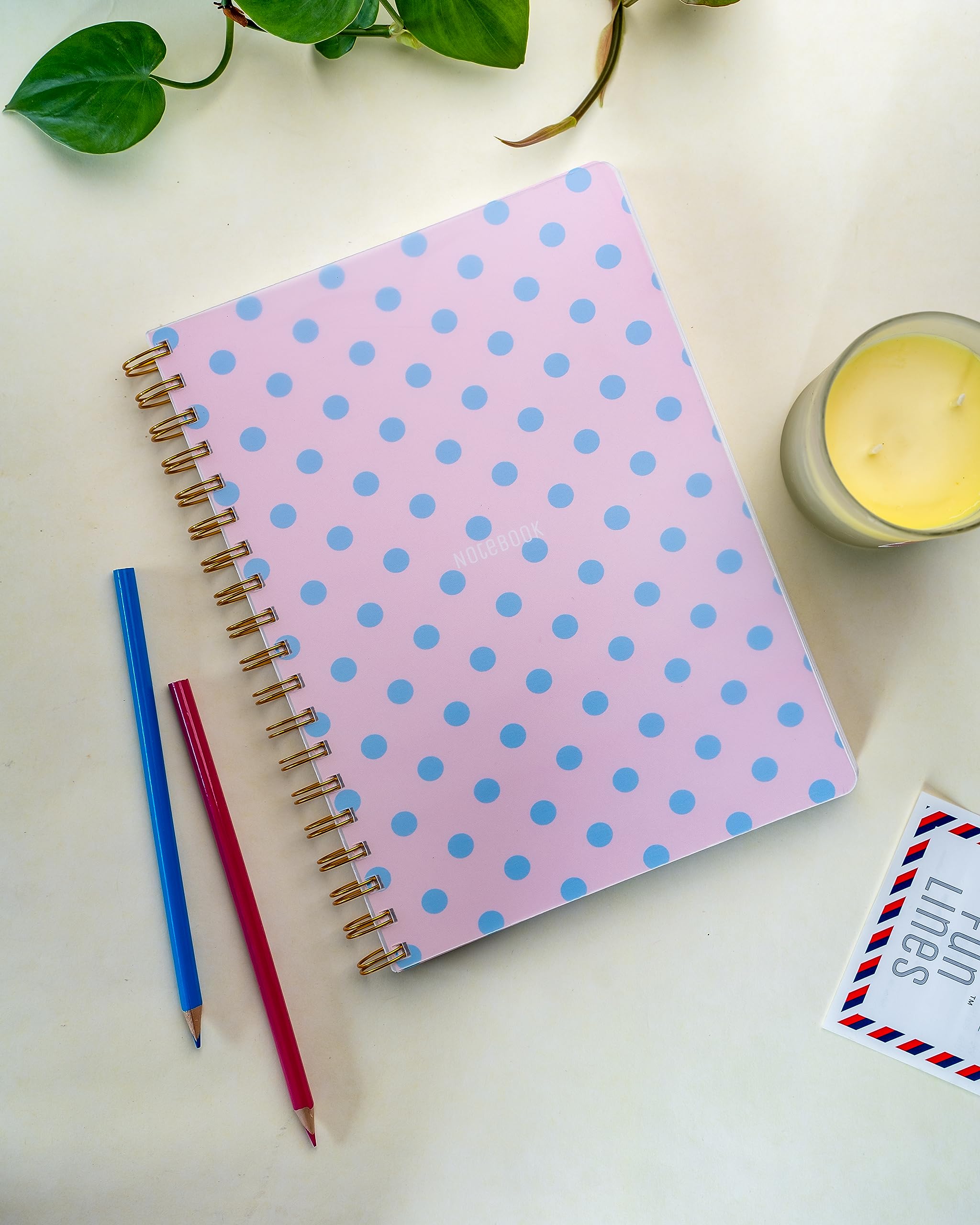 Premium - The Practical Journal I B5 I 120 GSM I 160 Pages I Flat Lay - Plastic Cover - Wire Bound (Blue On Pink Polka, Dot Grid)