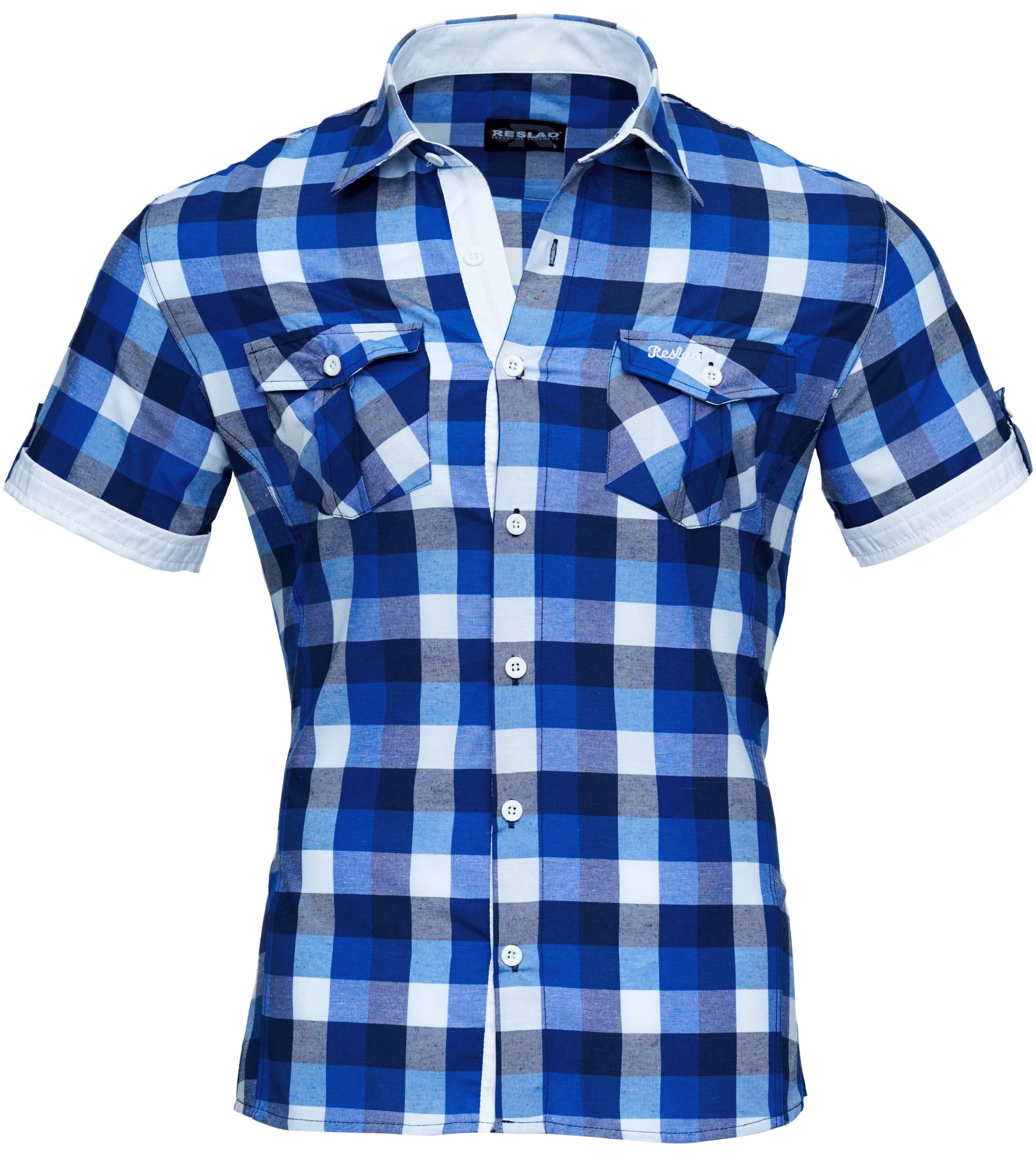 Reslad Hombre camisa de manga corta camisa de cuadros se ajusta a la figura tiempo libre camisa cuadros RS-7065