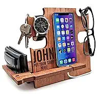Greta Oto Personalized Gifts for Men | Wood Phone Docking Station | Nightstand Bedside Desk Organizer | Best Personalized Idea for Father's Day Anniversary Birthday and Graduation