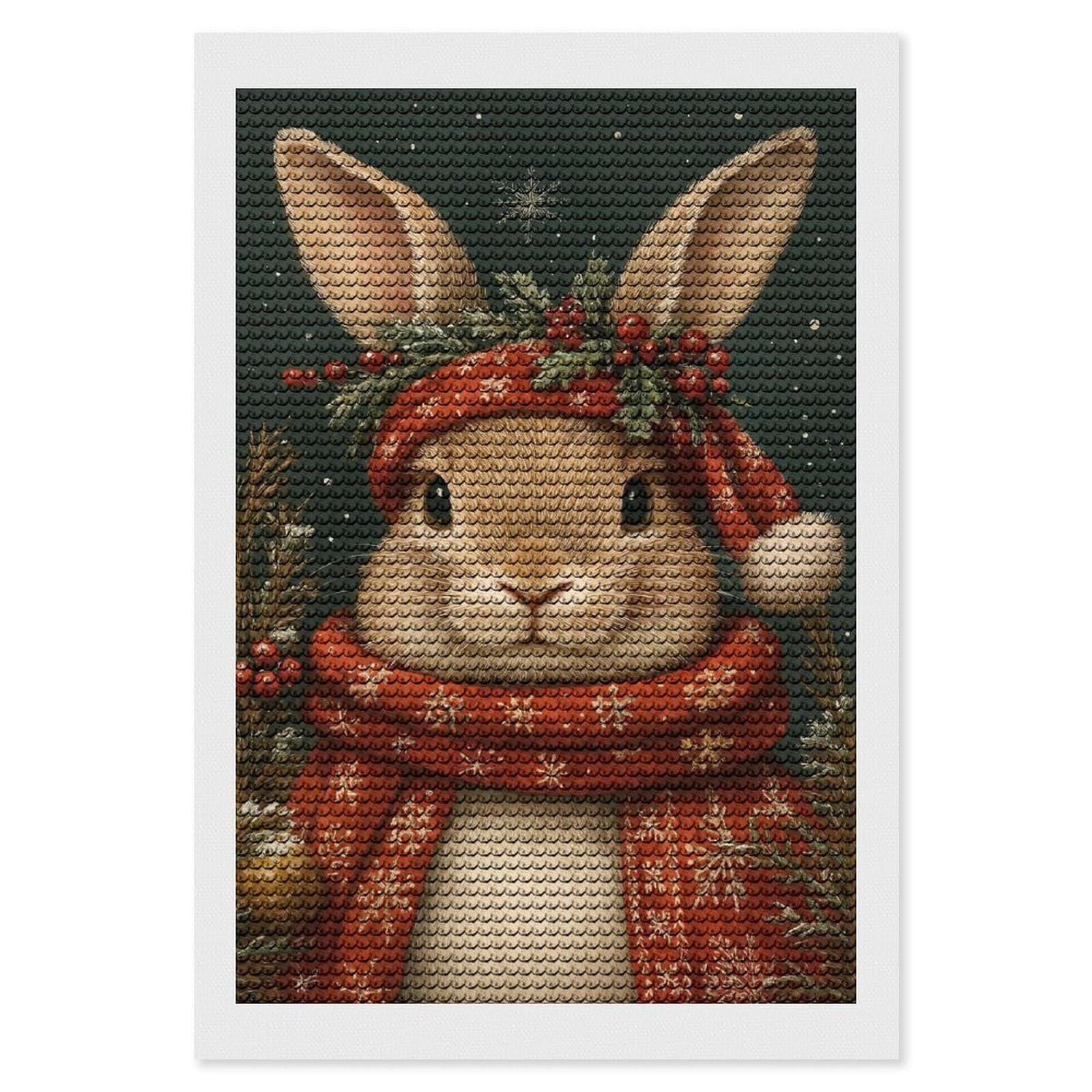 Junmoney Winter Rabbit Portrait DIY Diamond Art Canvas Kit 8"x12", Complete Accessories, Creative Leisure Activity, Home Wall Decor, Gift Idea