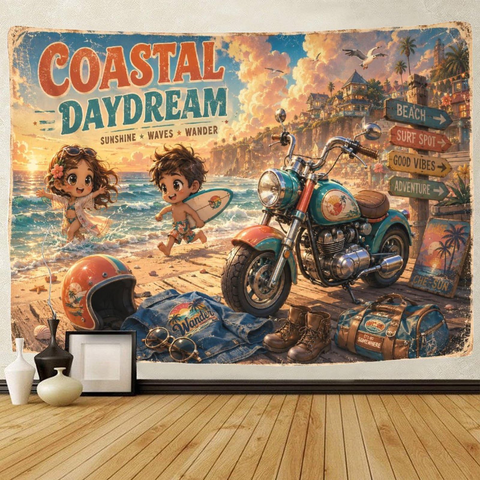 GPMNBCXZK Chibi Motorcycles And Beaches 3D Print Wall Tapestry Wall Hanging Decor Tapestries Poster Home Decoration Bedroom Living Room 70cmx100cm