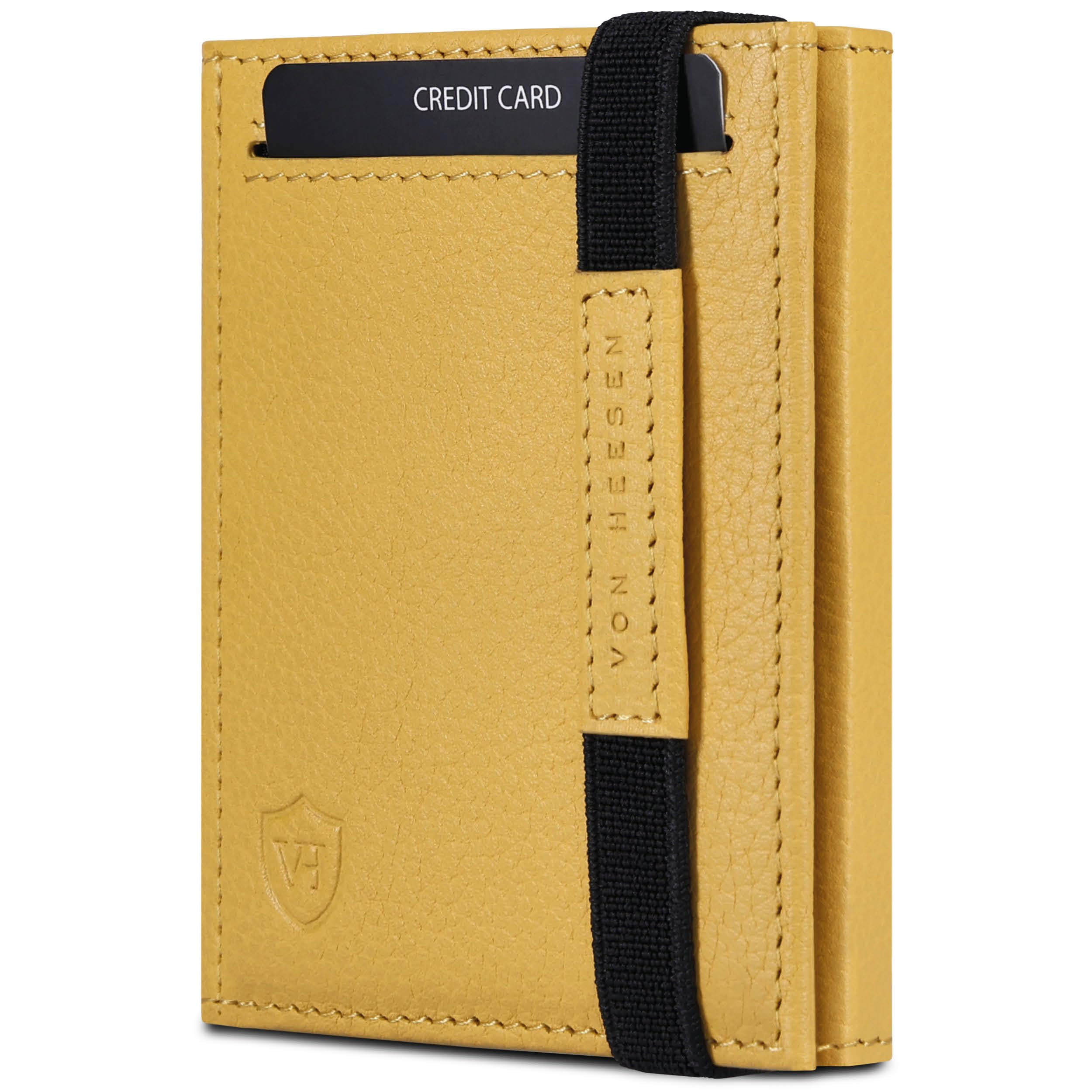 VON HEESEN Slim Wallet mit Münzfach & RFID Schutz - Leder Geldbörse Herren klein - Mini Geldbeutel Damen Portmonee - Kartenetui Echtleder Karten Portemonnaie - Kreditkartenetui Gelb