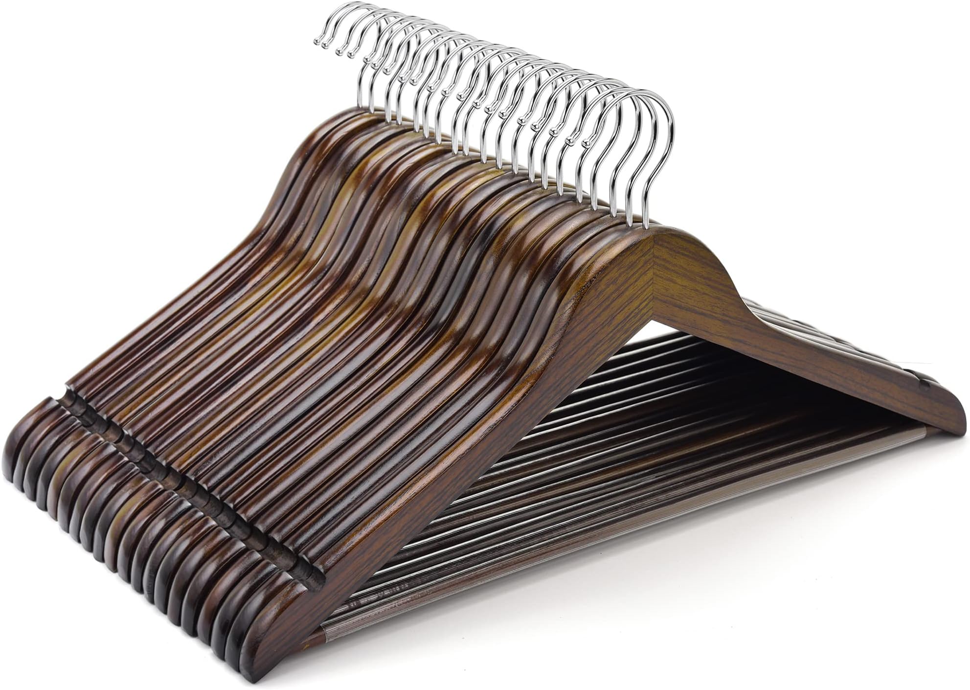 Amber Home 44.5cm Antique Wooden Coat Hanger 10pcs, Space Saving Retro Wood Clothes Hanger with Non Slip Pants Bar and Shoulder Notches, Brown Suit Hangers Racks for Jacket Dress Blouse Shirt Trousers