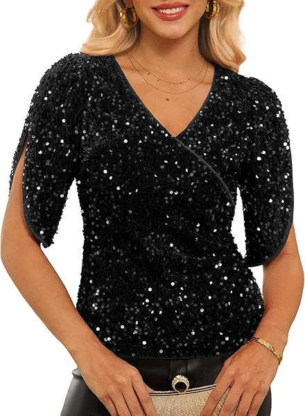 GRACE KARIN Womens 3/4 Length Sleeve Sequin Tops V Neck Velvet Ruched Blouses 2025 Glitter Trendy Party Outfit