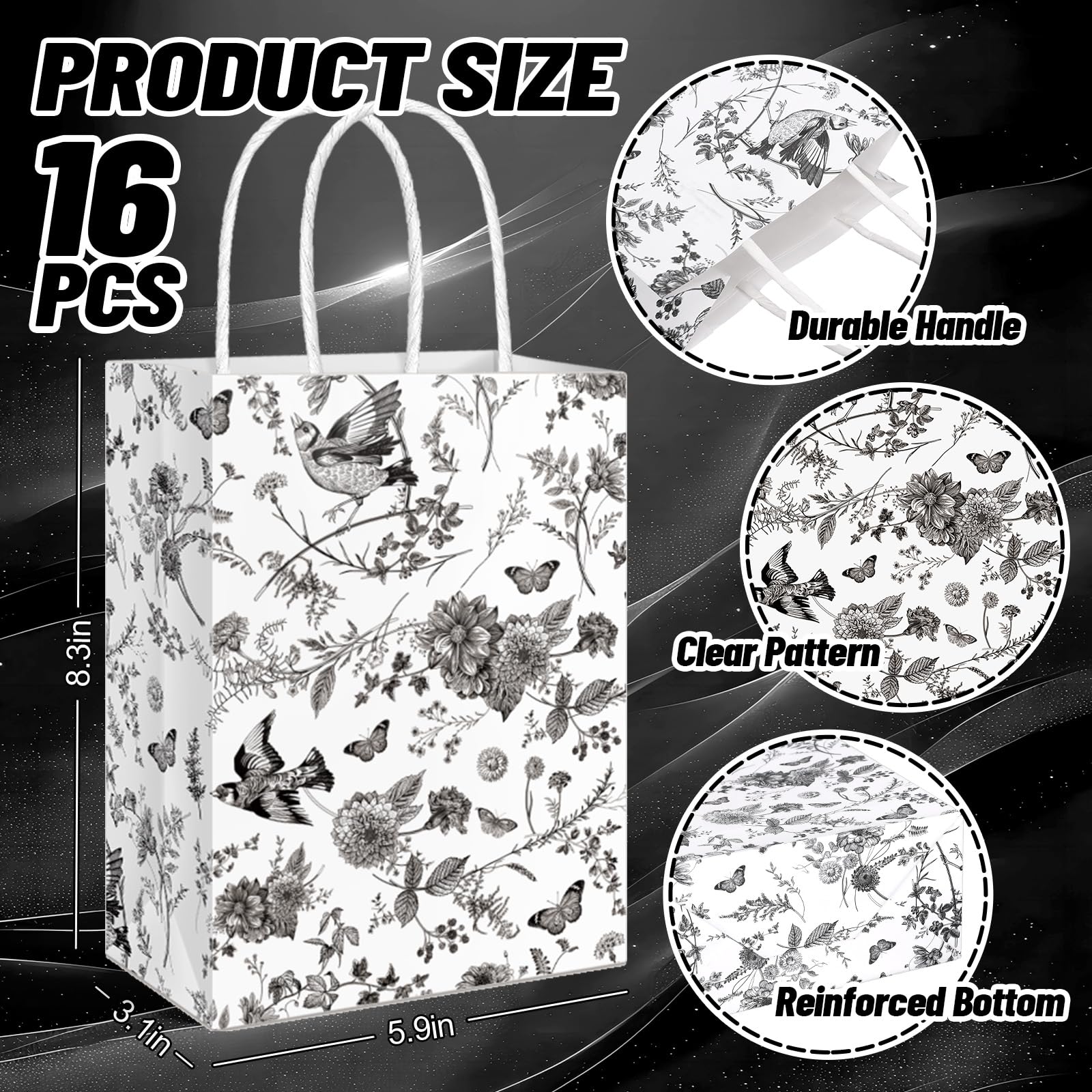 AnyDesign 16-Pack Vintage Floral Gift Bags - Black White Chinoiserie Hydrangea Pattern With Handles For Parties & Weddings