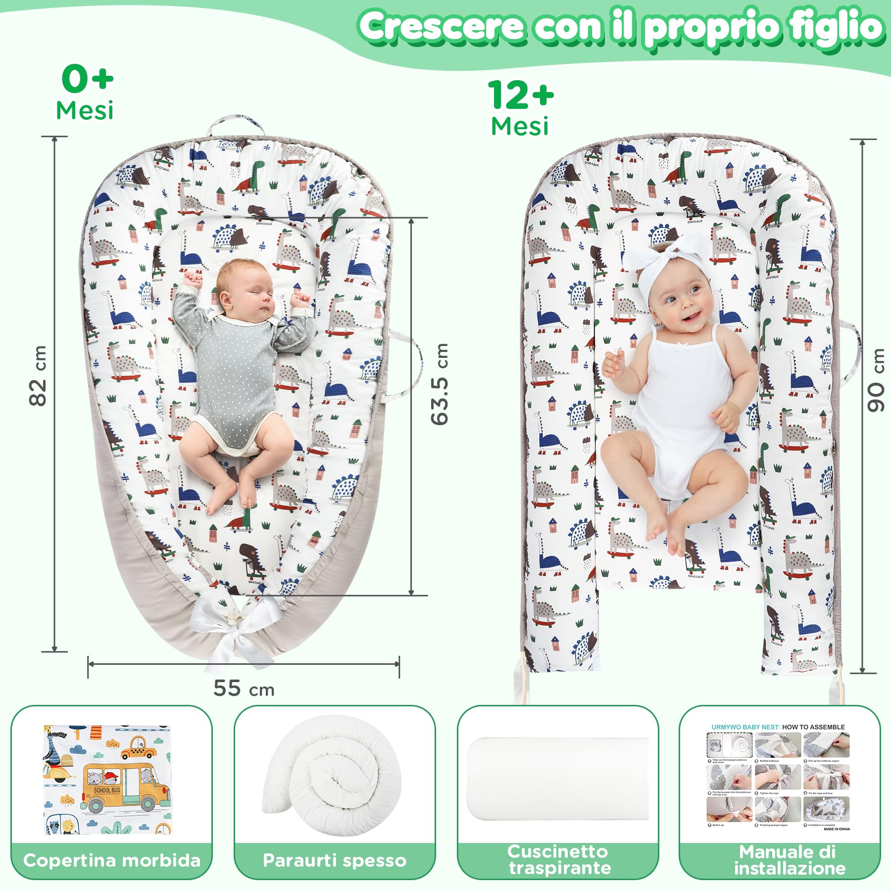 URMYWO Riduttore Lettino Neonato 90x55 cm Cuscino Doppia Faccia Riduttore per Culla Neonato in Cotone 100% Puro Fatto a Mano per Massimo Comfort (Marrone)