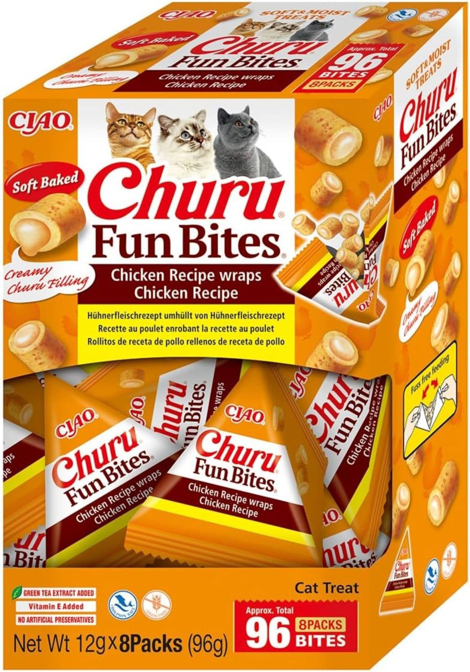 INABA Churu Fun Bites Snack per Gatti, Bocconcini di Pollo con Cuore di Pollo - 8 Pack x 12gr - Morbido e Cremoso - Cibo per Gatti Senza Conservanti o Coloranti Artificiali, Grain-Free