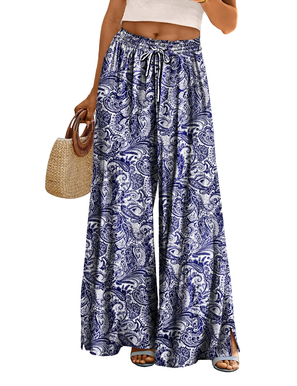 YESNO Women Summer Boho Palazzo Pants High Waist Wide Leg Floral Casual Cotton Lounge Trousers with Pockets PP0