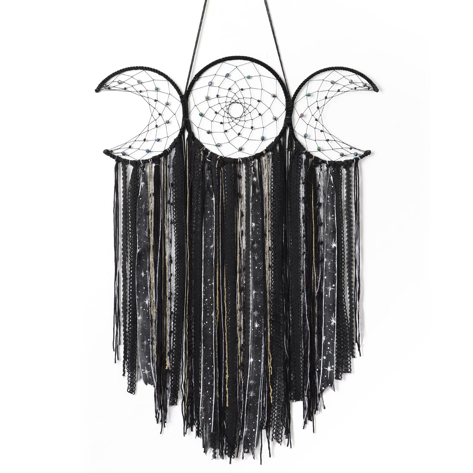 Dremisland Black Triple Moon Goddess Macrame Wall Hanging Large Dream Catcher Boho Wiccan Moon Phases Handmade Bohemian Hippie Woven Pagan Wall Decor for Bedroom Dorm Nursery Decoration Gift