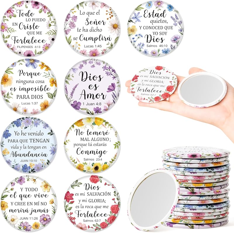 Y1tvei Espelhos compactos redondos com flores e textos bíblicos em espanhol, pacote com 36