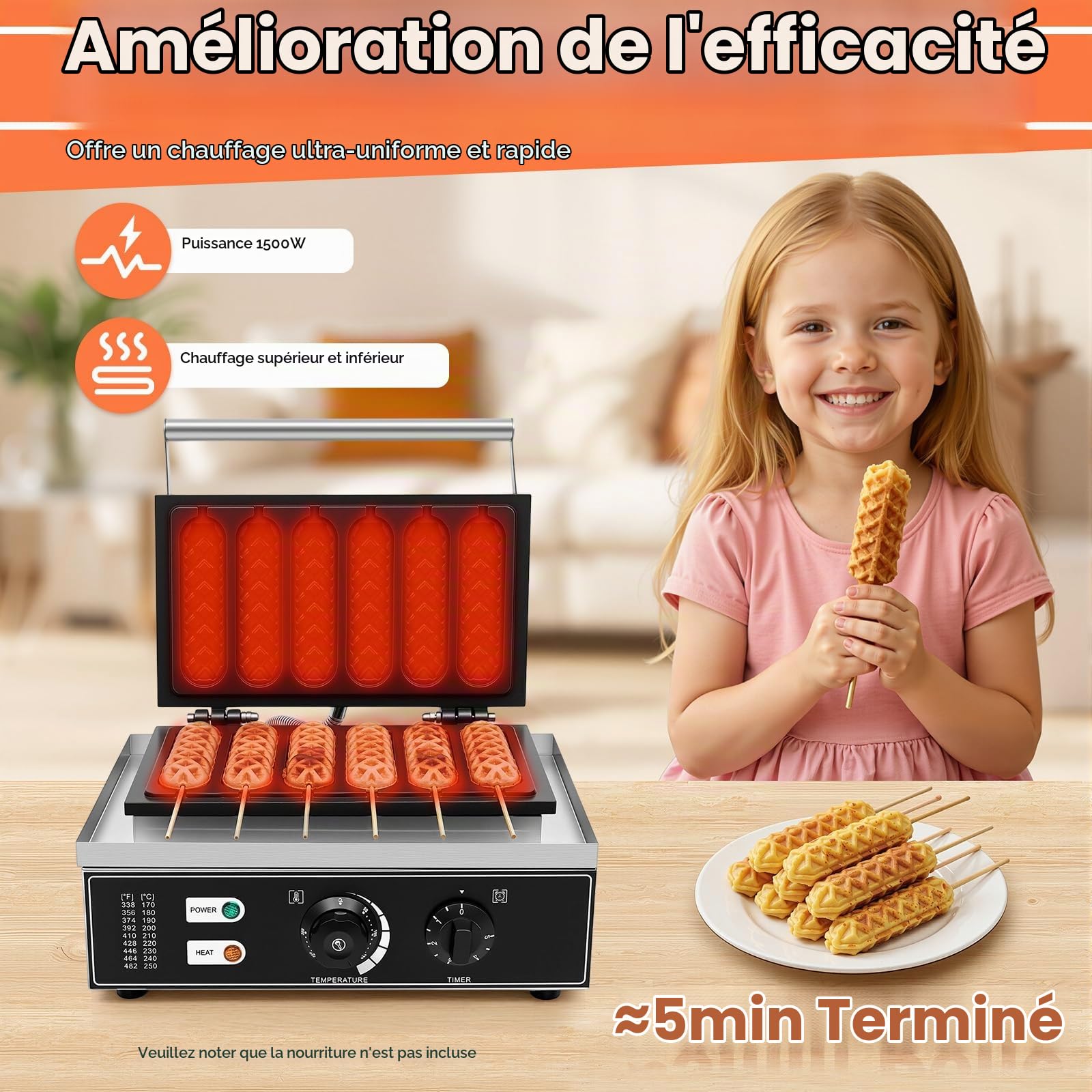 Waffeleosen - Gaufrier professionnel en acier inoxydable - 1500 W - Pour gaufres sur le manche - Pour 6 gaufres/hot-dogs en 5 minutes