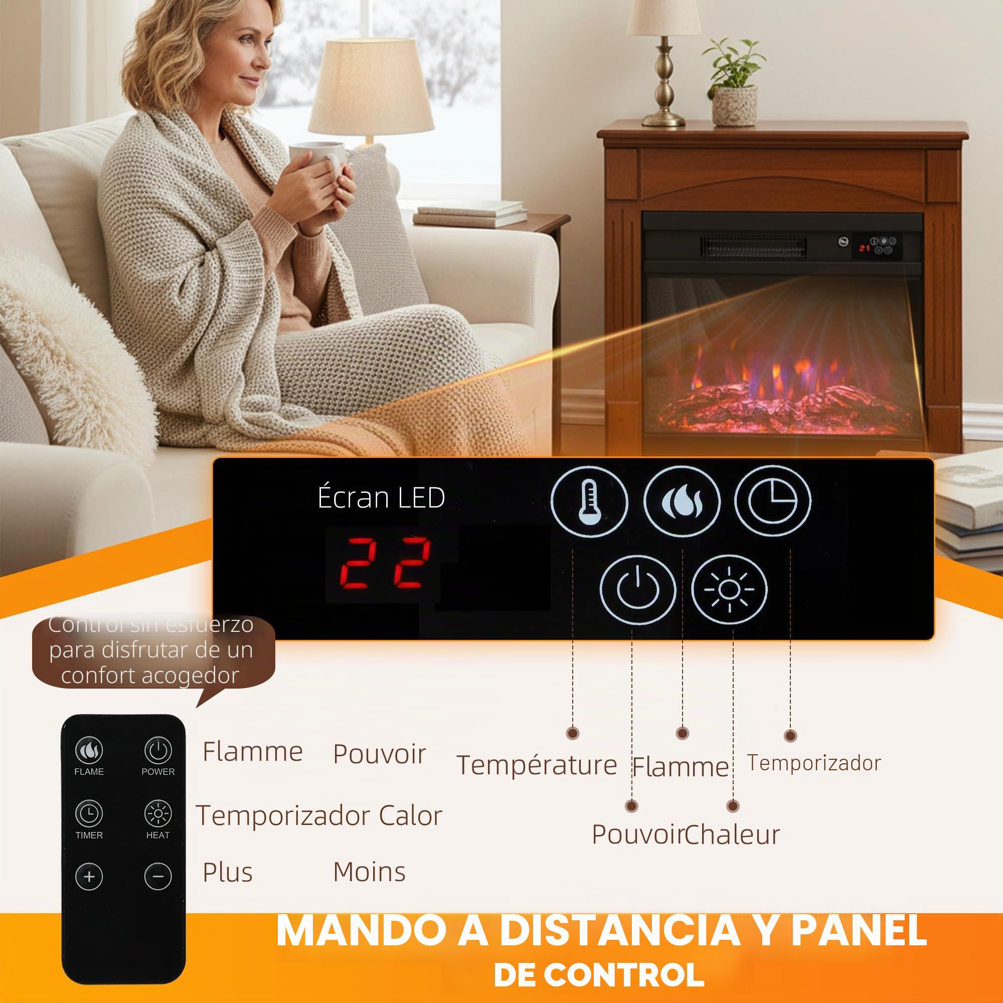HOMCOM Chimenea Eléctrica 1000W/2000W Efecto Llama 3D 6 Colores Marrón