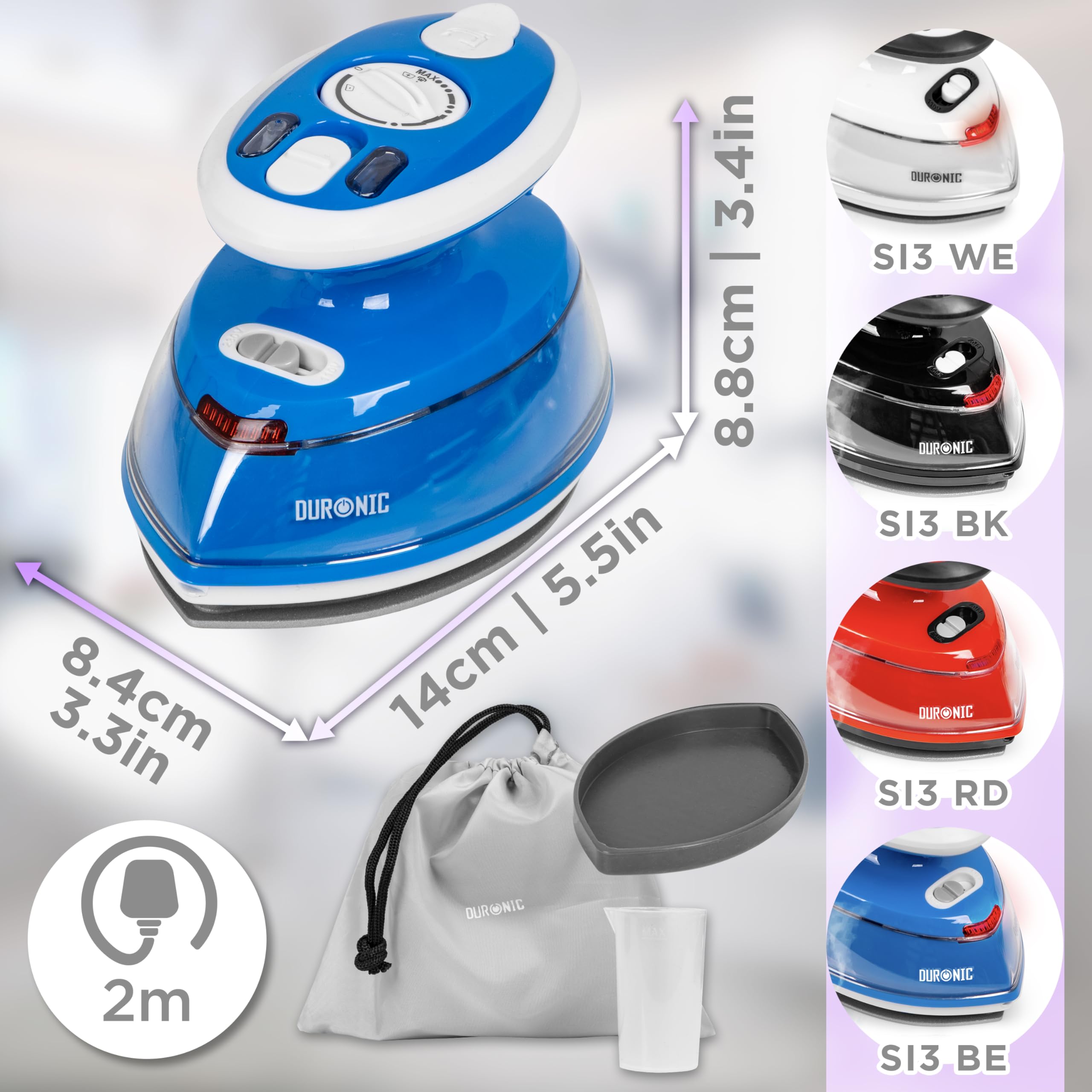 Duronic SI3 BE Mini Ferro da Stiro, Ferro da viaggio a vapore 400W, Serbatoio 35ml, Steamer portatile con base d’appoggio e borsello da viaggio, Per lavori di cucito, quilting, Blu