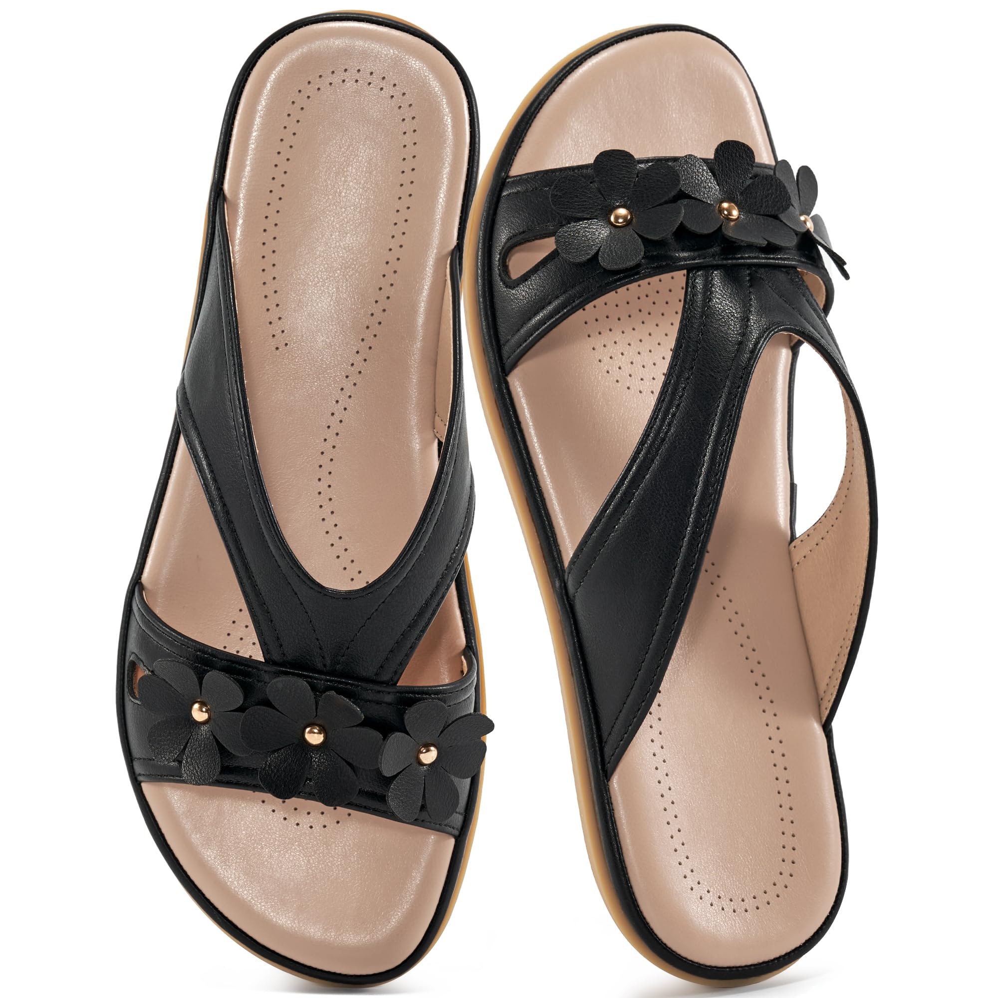 Ecetana Womens Sandals Comfortable Dressy Summer Beach Slides Lightweight Memory Foam Slip On Flat Shoes