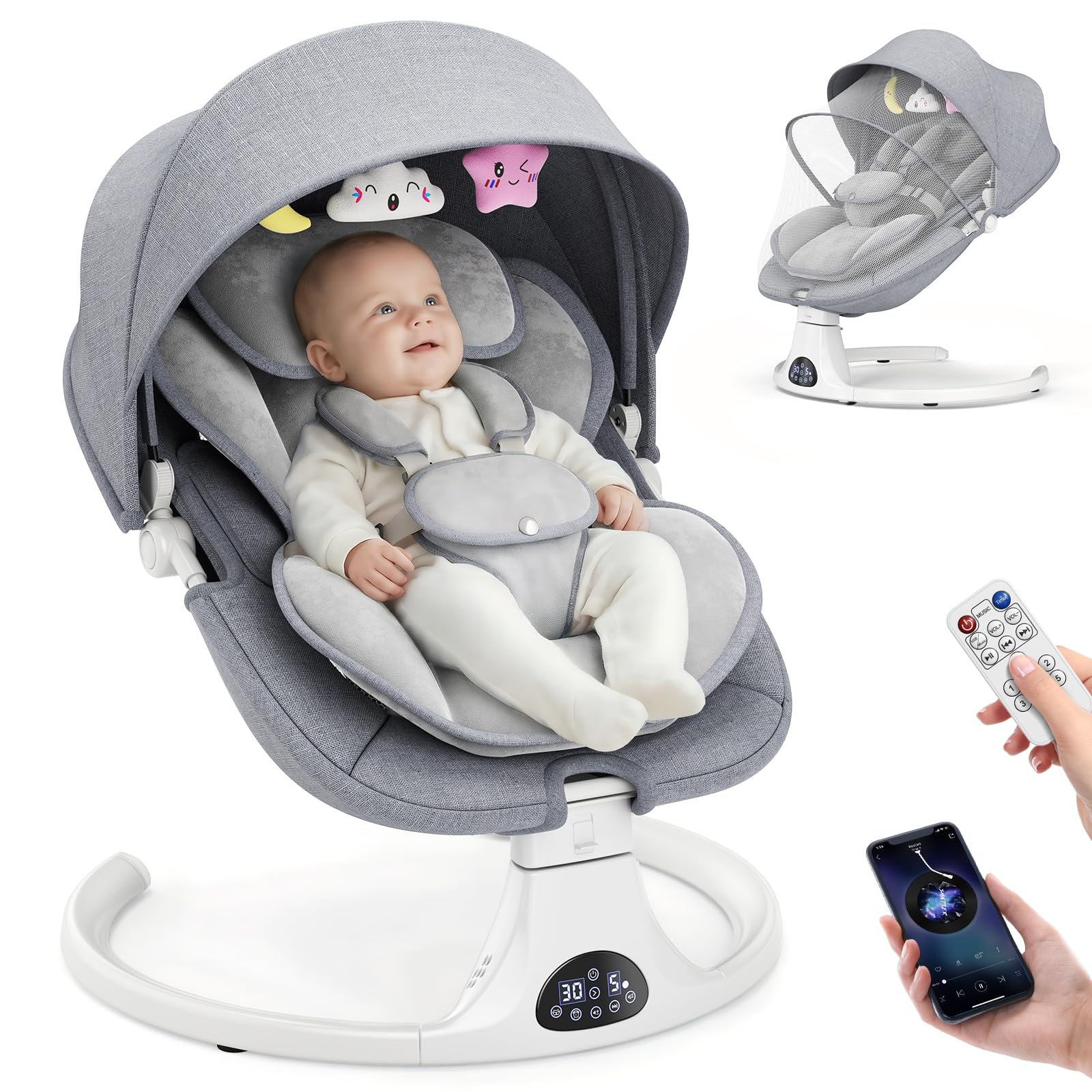 Columpio eléctrico para bebés y niños pequeños con 5 velocidades, 3 posiciones de asiento, mosquetón de 5 puntos, con música Bluetooth, 10 melodías preestablecidas, uso en interiores y exteriores