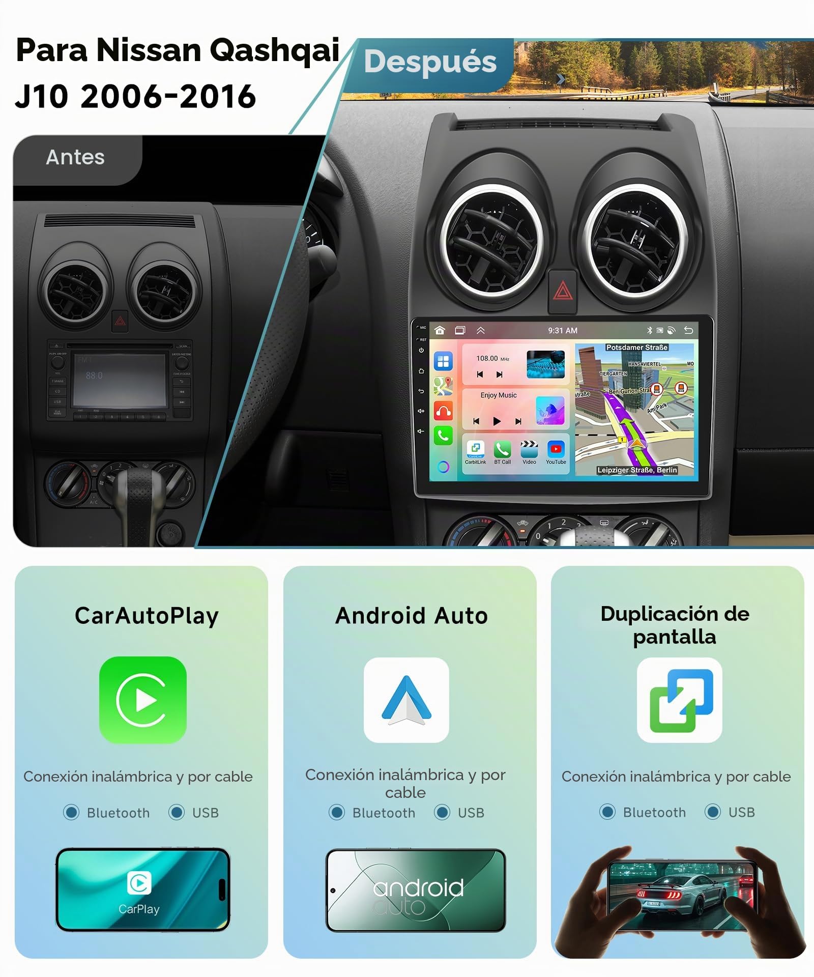 6G&128G 8 núcleos VECHTEL 9" Radio de Coche para Nissan Qashqai J10 2006-2016(con Pantalla de Navi) con Carplay Android Auto,Android 15,Bluetooth,Radio RDS/FM,GPS Wi-Fi,cámara de visión AHD