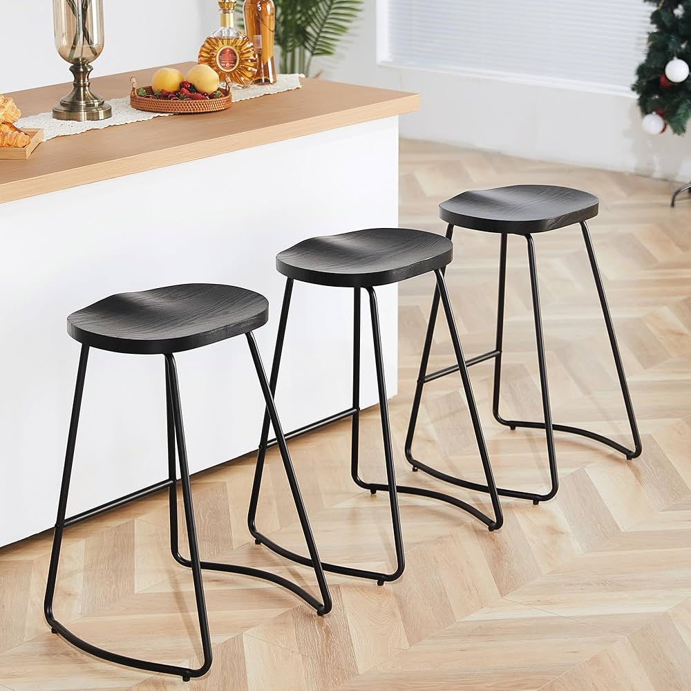 HeuGah Bar Stools Set of 3, Counter Height Saddle Seat Bar Stools, 26" Backless Barstool for Kitchen Island, Black Wood Bar Stools Easy to Assemble (Black, 3 PCS 26Inch Counter Chair)