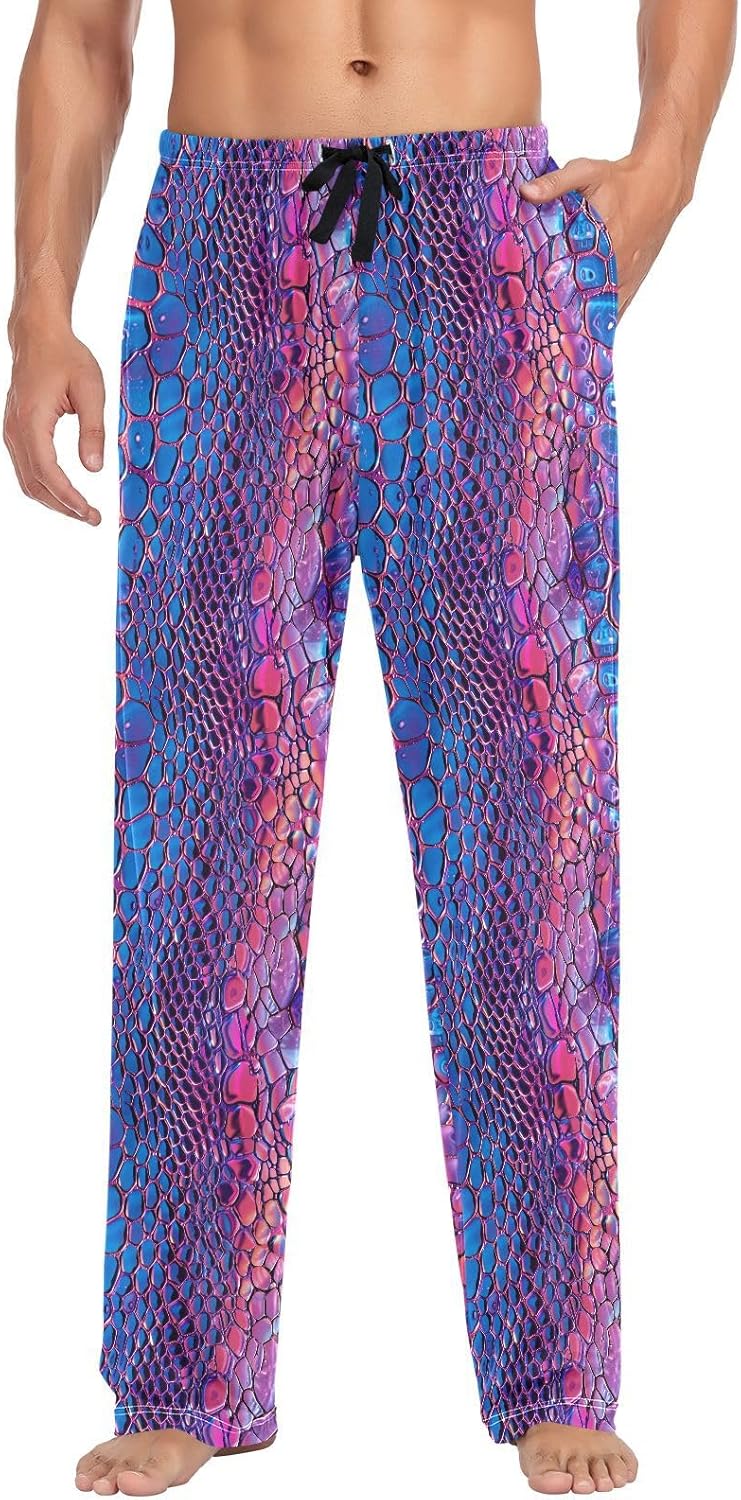 ALAZA Snake Skin Print Neon Men's Pajama Pants Men Cotton Pajama Bottoms with Pockets, S