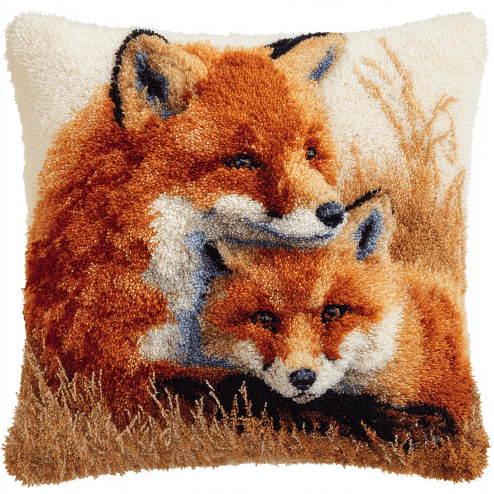 XDEGHUANGSS Latch Hook Cushion Kit,Fox Family Pattern DIY Pillow Cover,Beginner Friendly Tufting Yarn Craft Kit,Handmade Sofa Cushion Cover,Latch Hook Pillow Kit for Home Decor & Gift,43x43 cm