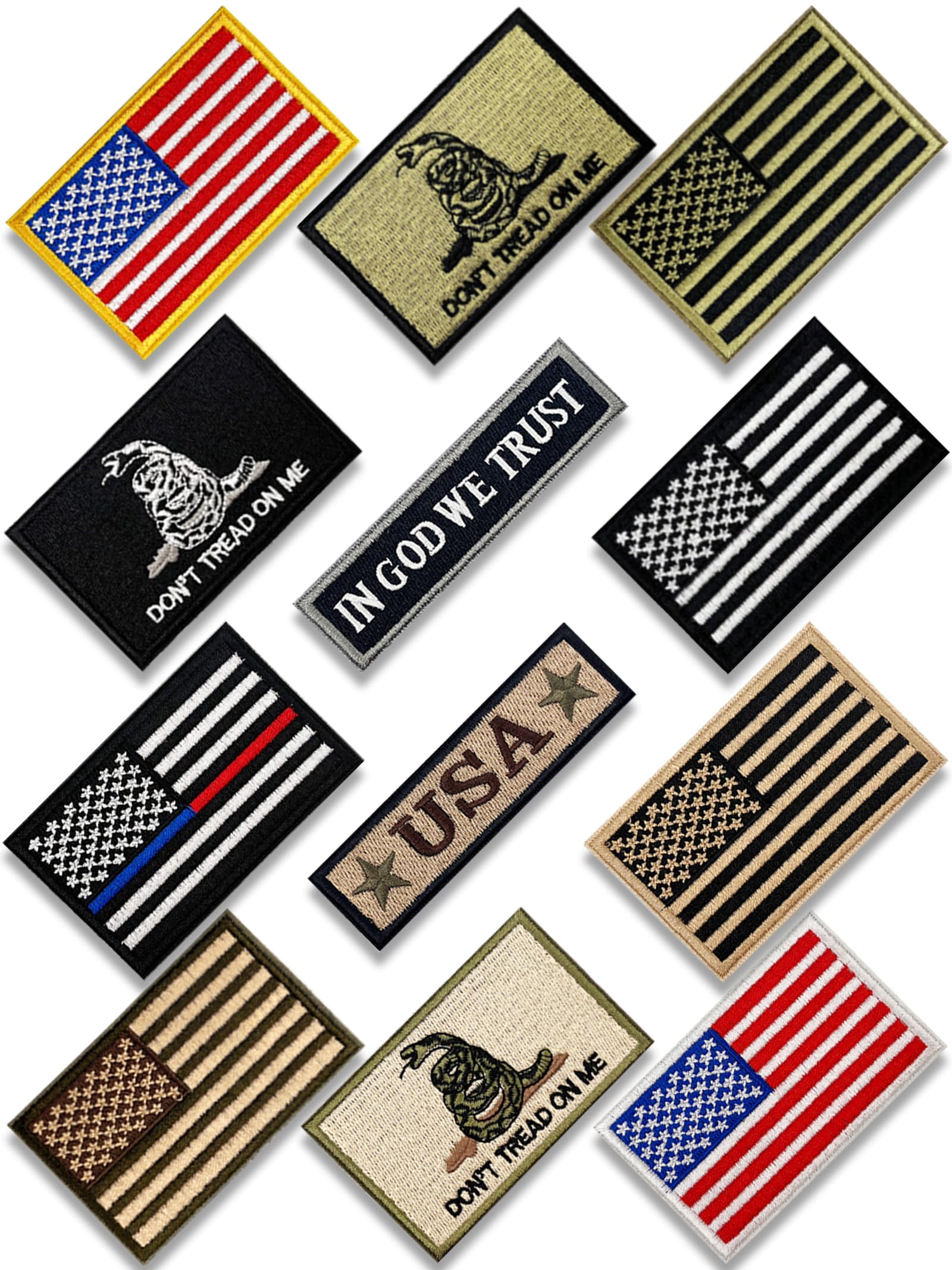 American Flag Patch 12pcs Bundle Set, Funny Vintage Hook & Loop Fastener Full Embroidery Tactical Morale Military Uniform Emblem Patches for Backpack, Dog Vest Harness, Army Gears Etc.2x3