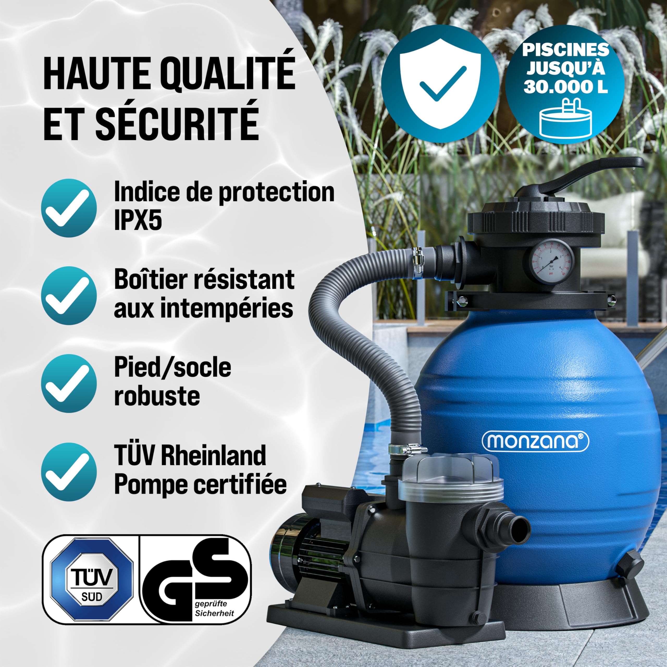 MONZANA® Pompe filtre à sable 9,6 m³ auto-amorçante pour piscines jusqu'à 30 m³ préfiltre vanne 7 voies raccord 2en1 Ø32-38mm système de filtration à sable
