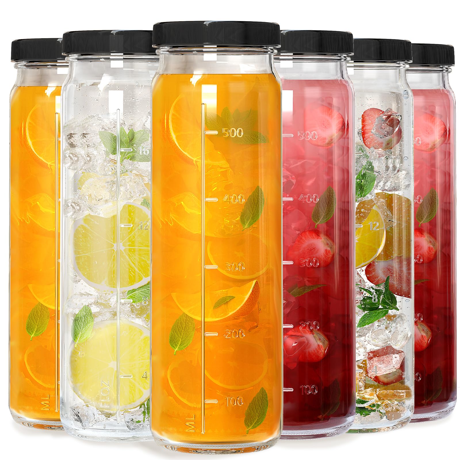 [6 Pack] 20 Oz Glass Juicing Bottles w Airtight Lids - Reusable Drinking Jars w Scale Marker, Travel Water Cups - Tall Mason Jar for Kombucha, Vanilla Extract(Extra 2 Lids)
