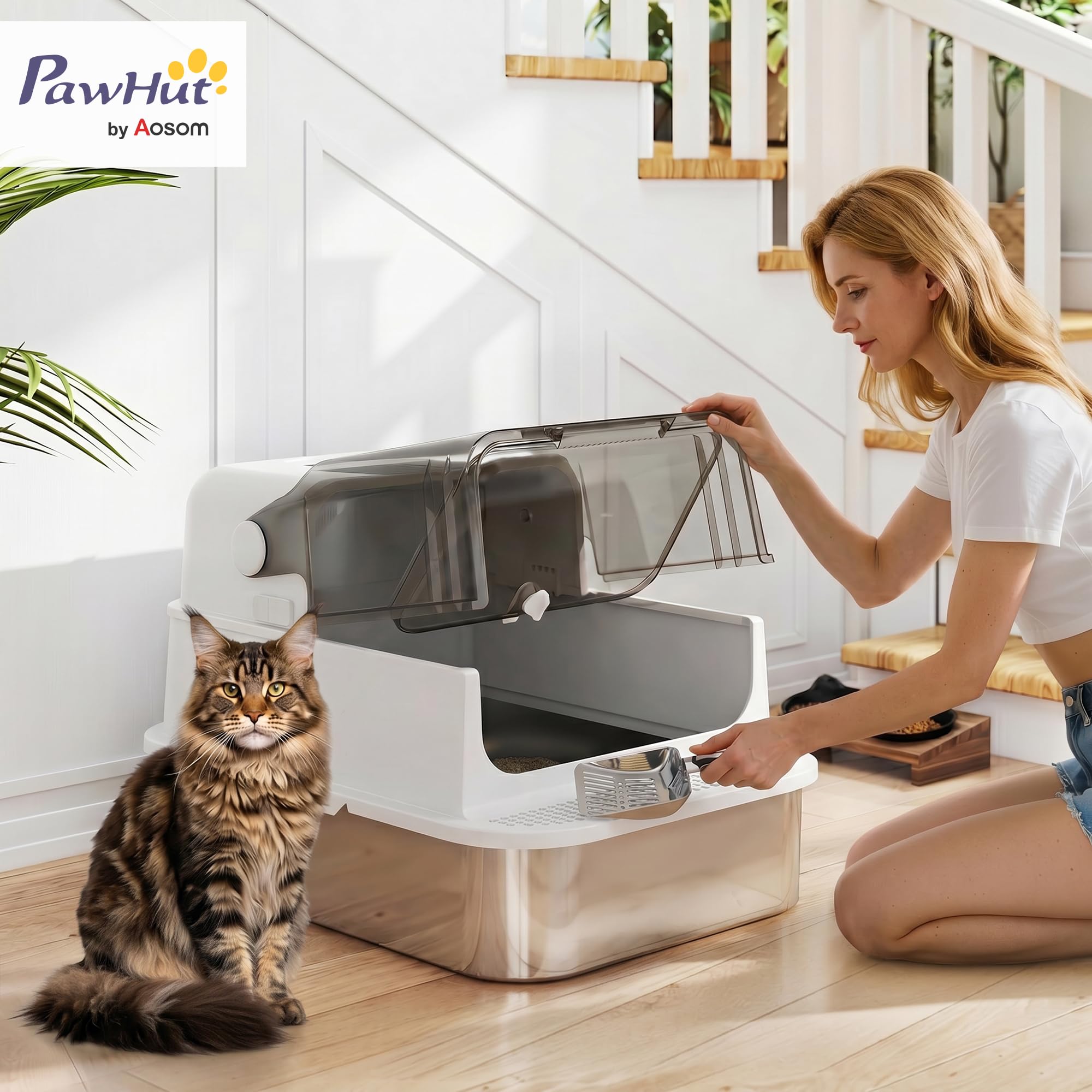 PawHut Lettiera per Gatti Chiusa XXL 20 kg Apribile 90° 70x50x46.5cm Bianco | Coperchio in Acciaio Inox, Doppie Porte, Paletta, Deodorante