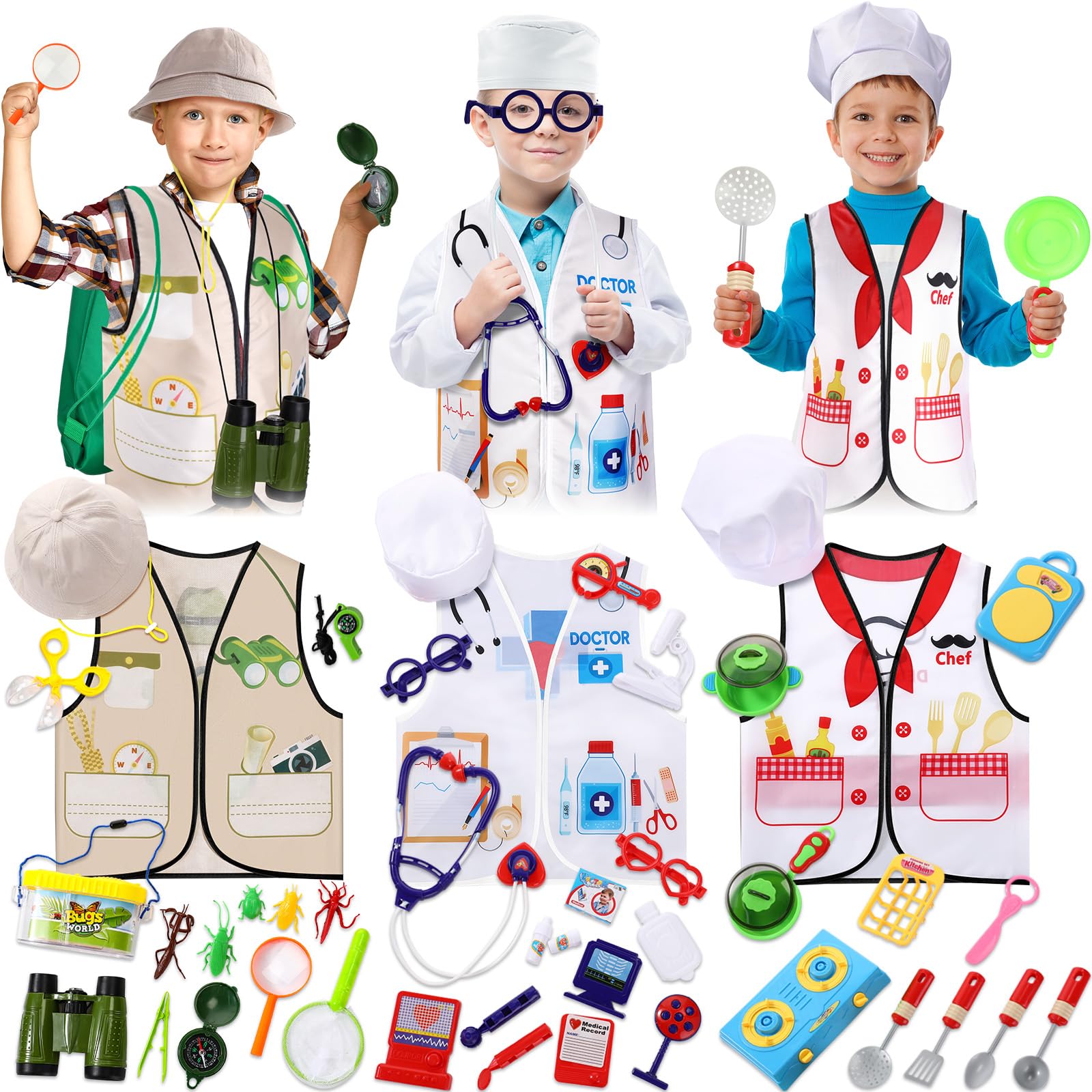 Sratte 3 Sets Kids Dress up Clothes for Boys Girls, Explorer Doctor Chef Role Play Outfits with Hats Accessories, Toddlers Dress up Costumes for Ages 3–7