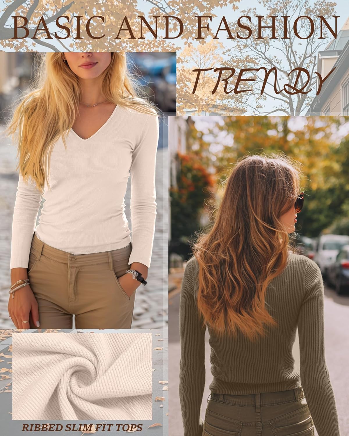 Ficerd 3 Pack Women's Long Sleeve T Shirts Cotton V Neck Slim Fit Tops Ribbed Knit Layering Casual Basic Tees Fall - Image 2