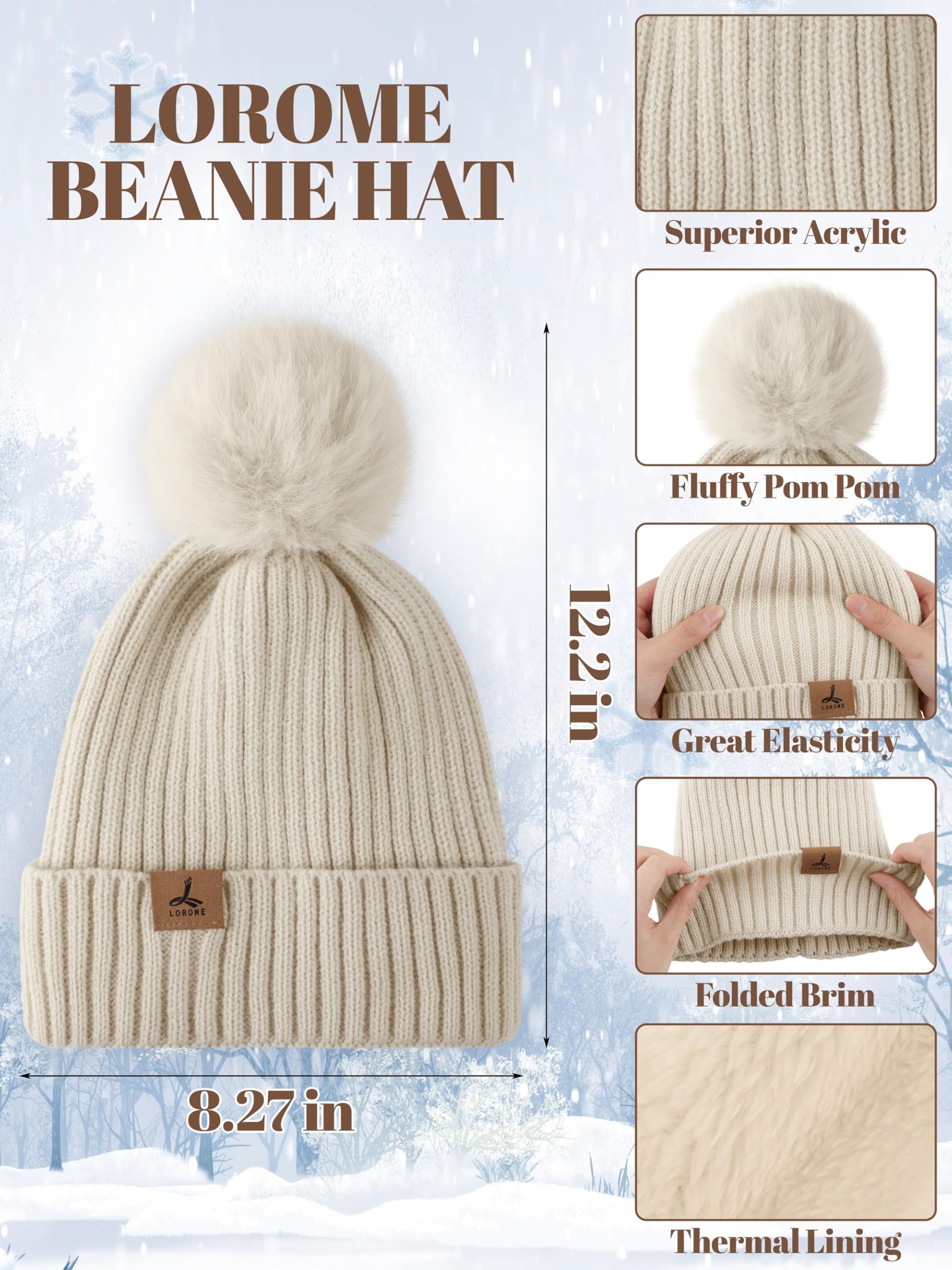 LOROME Women Winter Beanie Hat Scarf Gloves Set, Fleece Knitted Pompom Hat Warm Neck Scarf Touchscreen Gloves Winter Gift