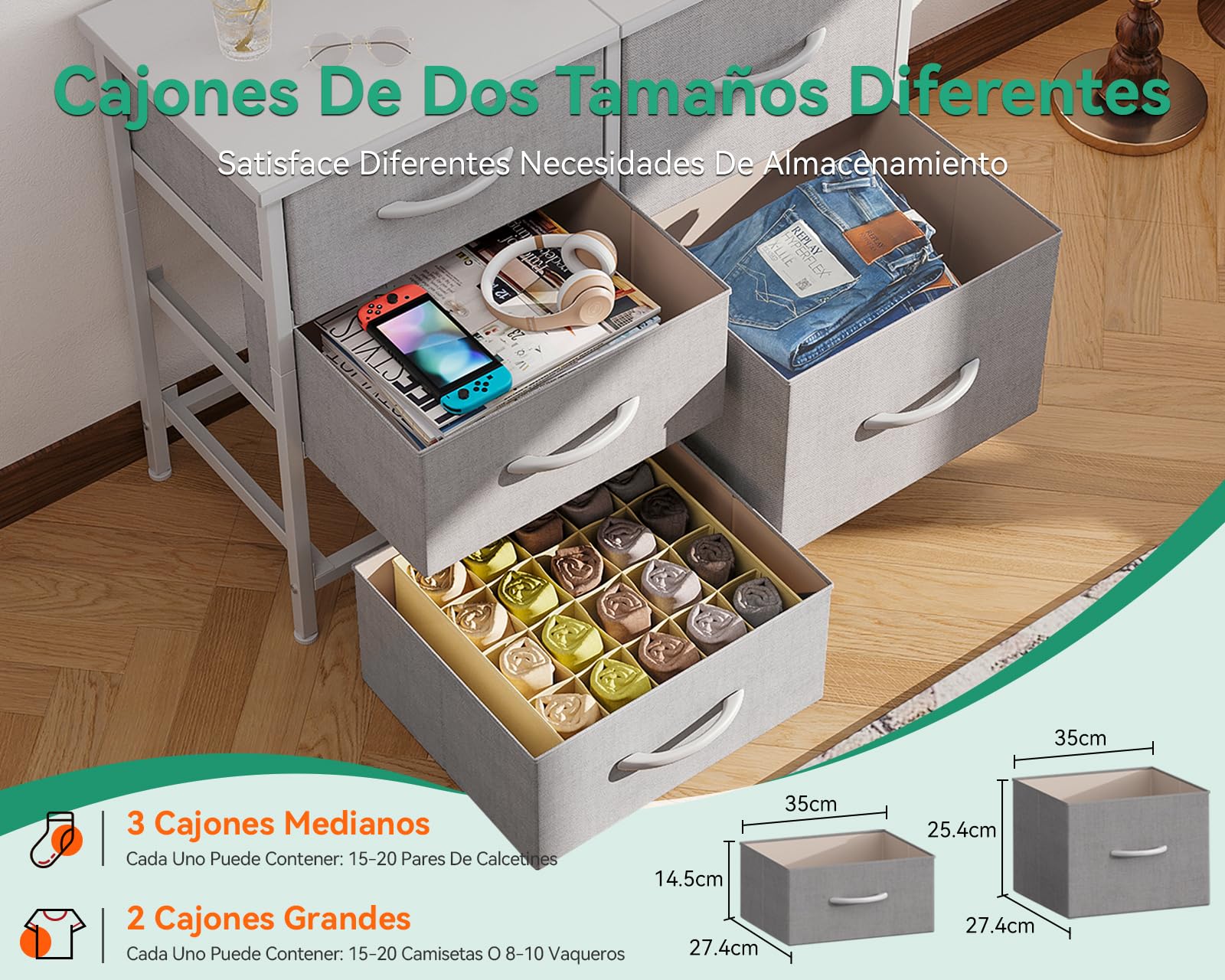 Coleshome Comoda Dormitorio, con 5 Cajones de Tela, Comoda Cajones Utiliza Encimera de Madera y Estructura de Acero, Ideal para Dormitorio y Sala de Estar, 76 x 29 x 60 cm, Gris Claro