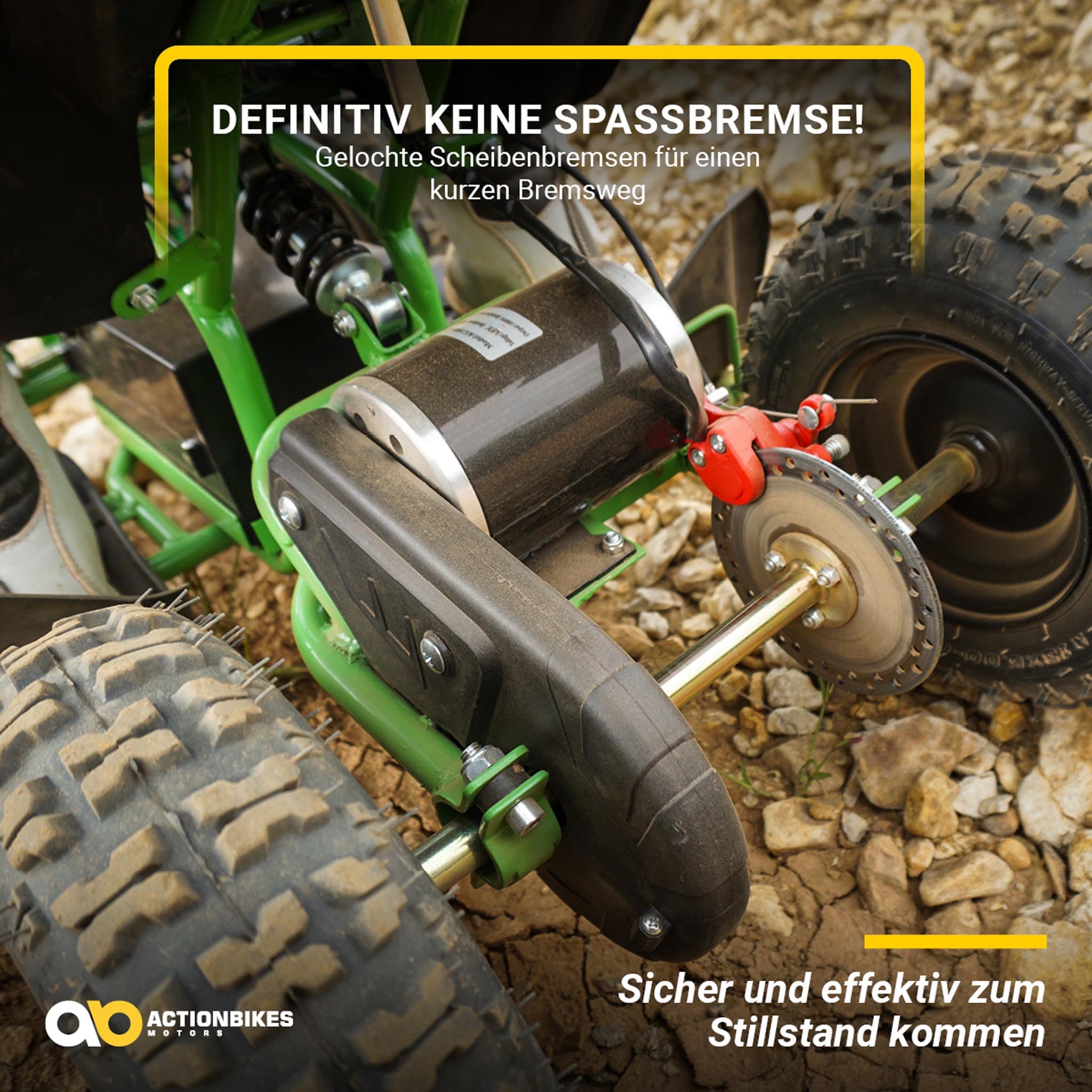 Actionbikes Motors Kinder Quad Elektro ATV Racer | 𝟑𝟔 Volt 𝟭𝟬𝟬𝟬 Watt Motor bis 𝟐𝟒 km/h - Kinderquad - Pocket Quad - Safety Touch Fußschalter - Für Kinder ab 8 Jahren (1000 Watt Schwarz/Grün)