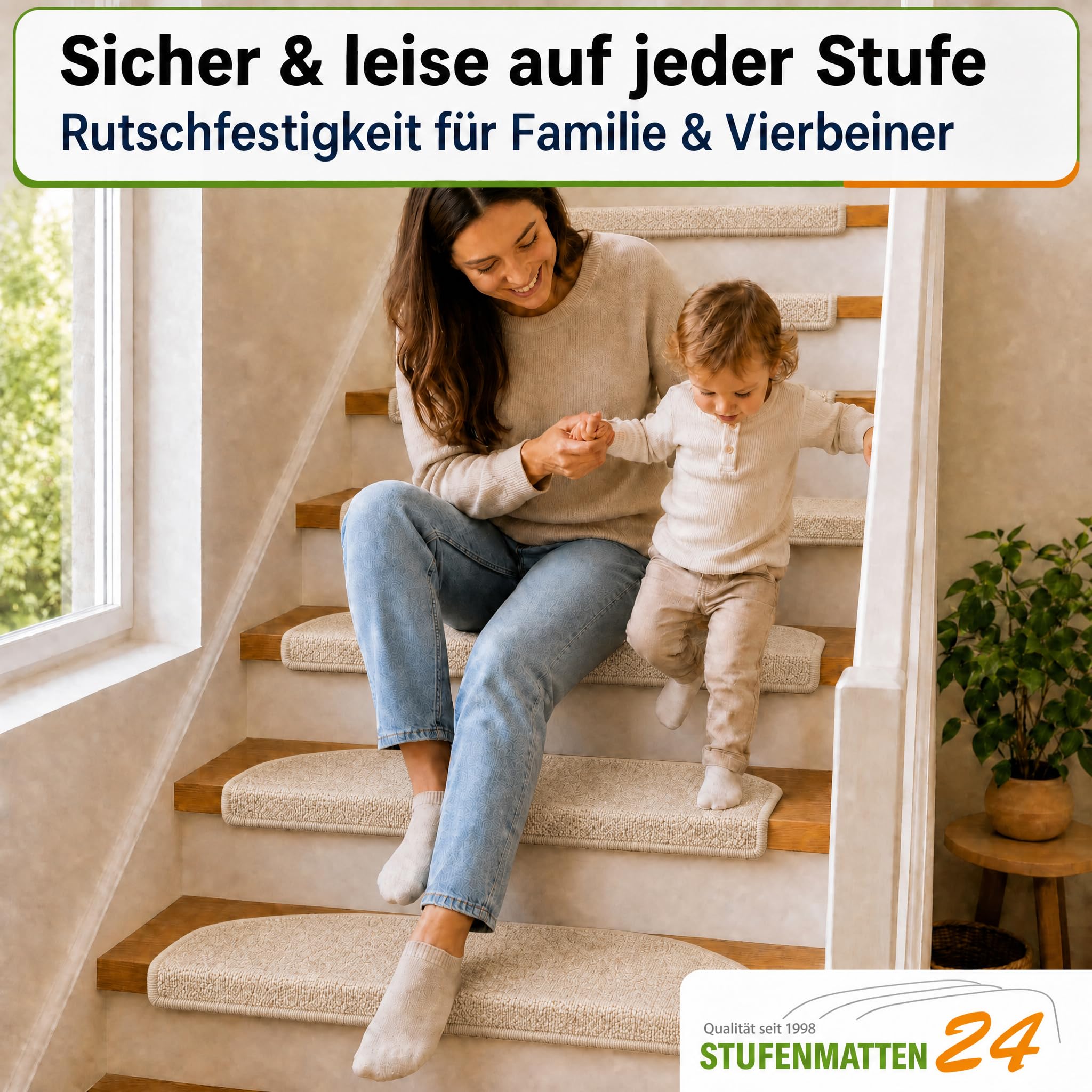 Kettelservice-Metzker Stufenmatten Treppe Rambo, 15er Set, halbrund, Beige, ca. 65 x 24 x 4 cm, Flor 6 mm, Trittschall ~20 dB, Polypropylen, PVC-Winkel, gekettelte Kanten