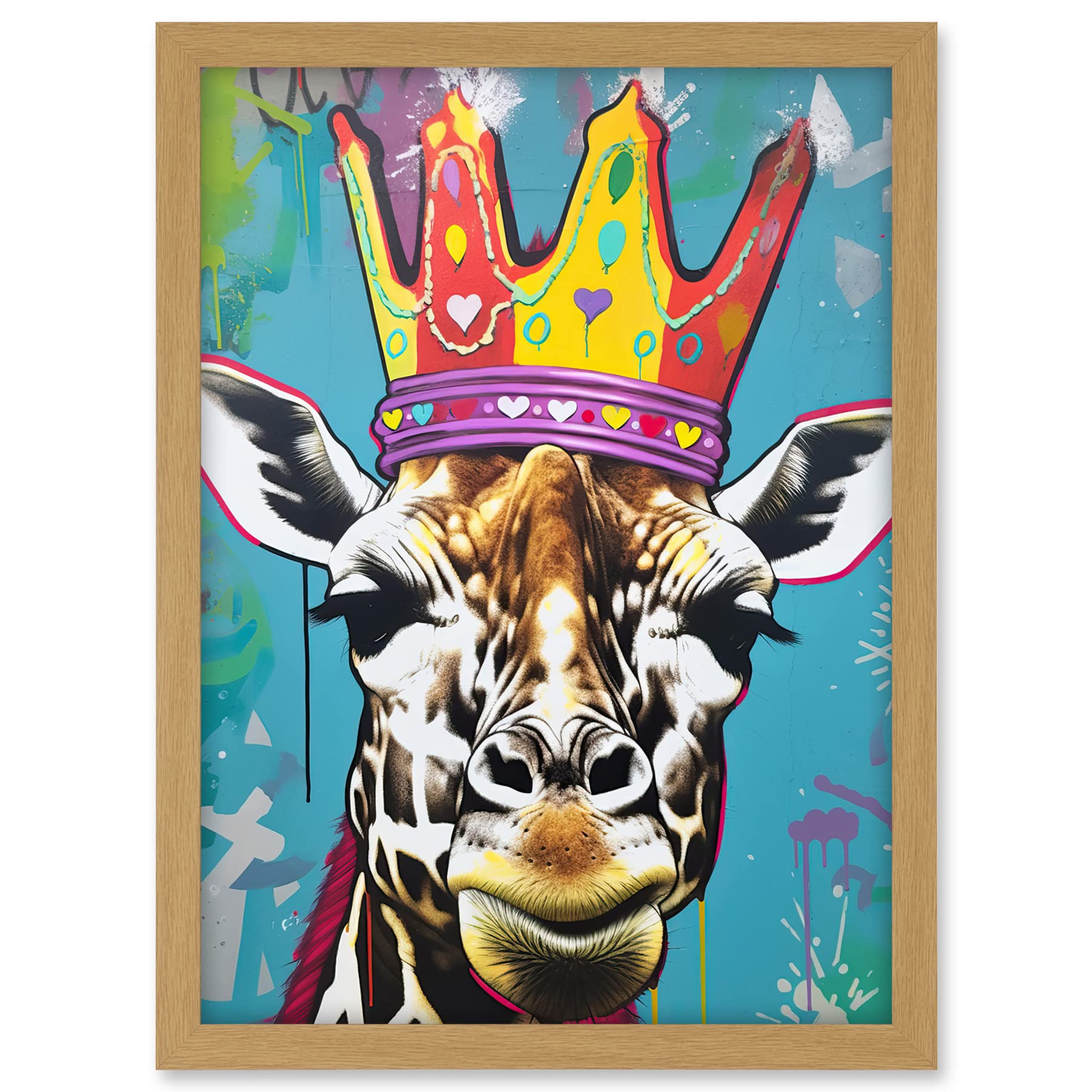 Artery8 Giraffe With Queen Birthday Crown Modern Pop Art Artwork Framed A3 Wall Art Print