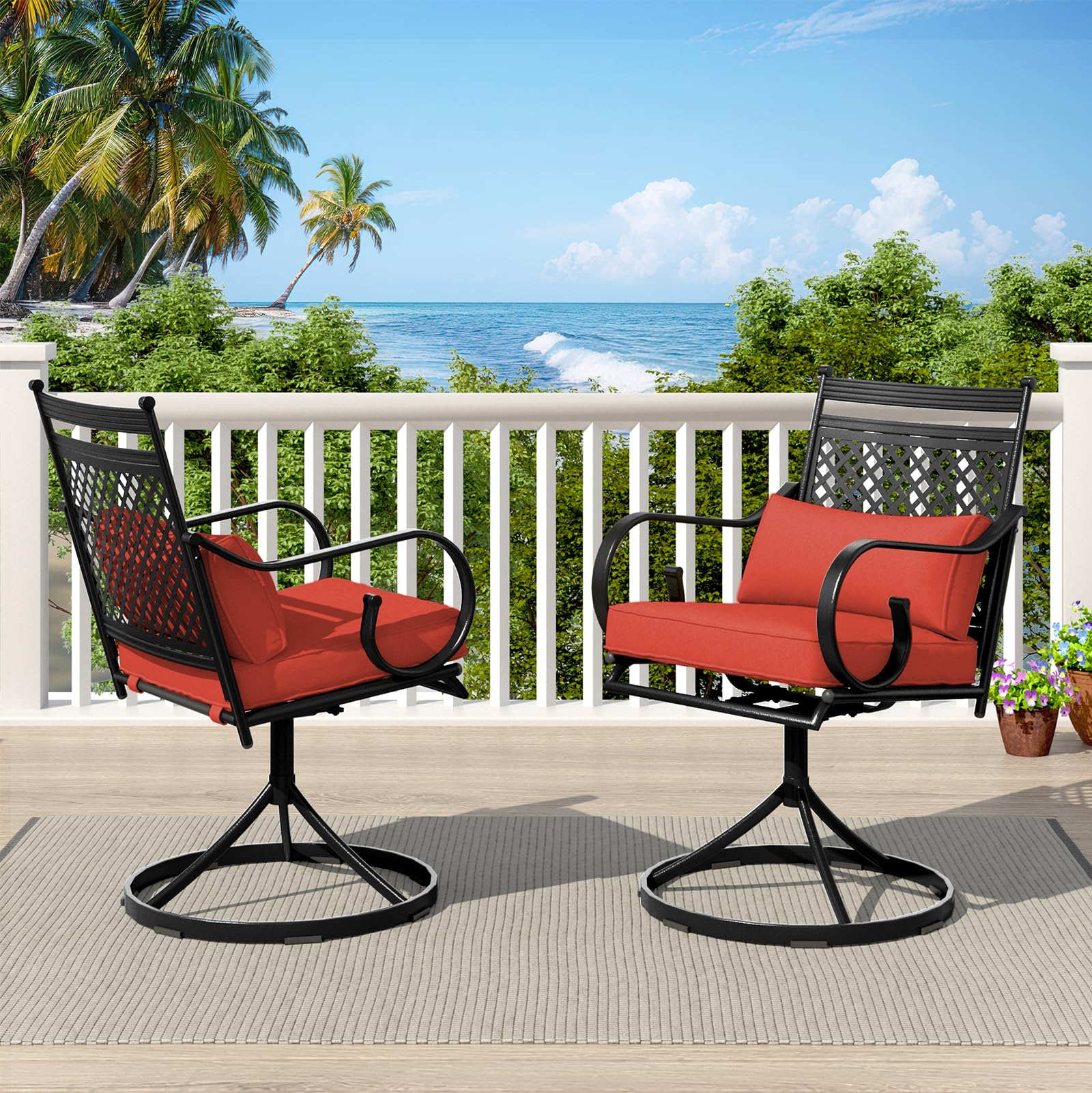 MELLCOM Patio Swivel Chair Set of 2, Heavy Duty Outdoor Dining Chairs with Cushions and Lumbar Pillows, Metal Patio Chairs Gentle Rocker for Outside, Garden Lawn & Porch, Backyard, Red