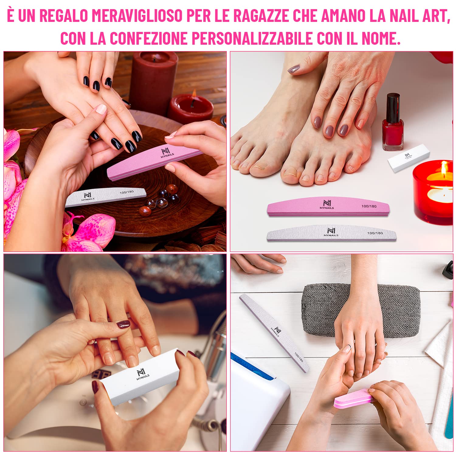 MYNAILS - Lima professionale per unghie, set di 5, 2 lime per unghie mezza luna 100/180, 2 buffer unghie bianche 180/180 e 1 lime per unghie Buffer mezzaluna rosa e bianco 100/180, confezione