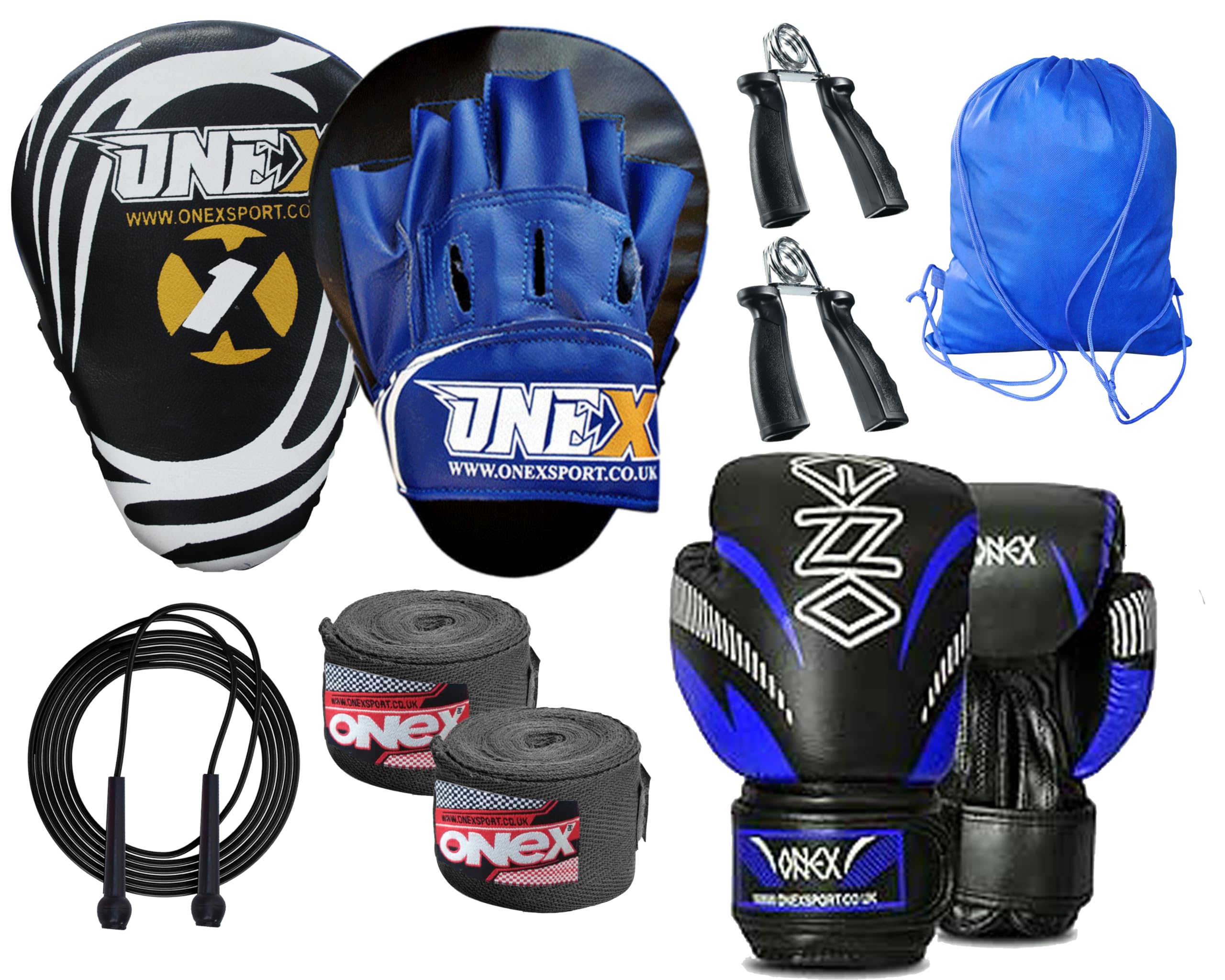 Premium Boxing Set for Adults – Training Gloves and Curved Focus Pads with Wraps, Skipping Rope, Grip Strengtheners and Bag – Kickboxing, Muay Thai, MMA Fitness Kit (Blue)