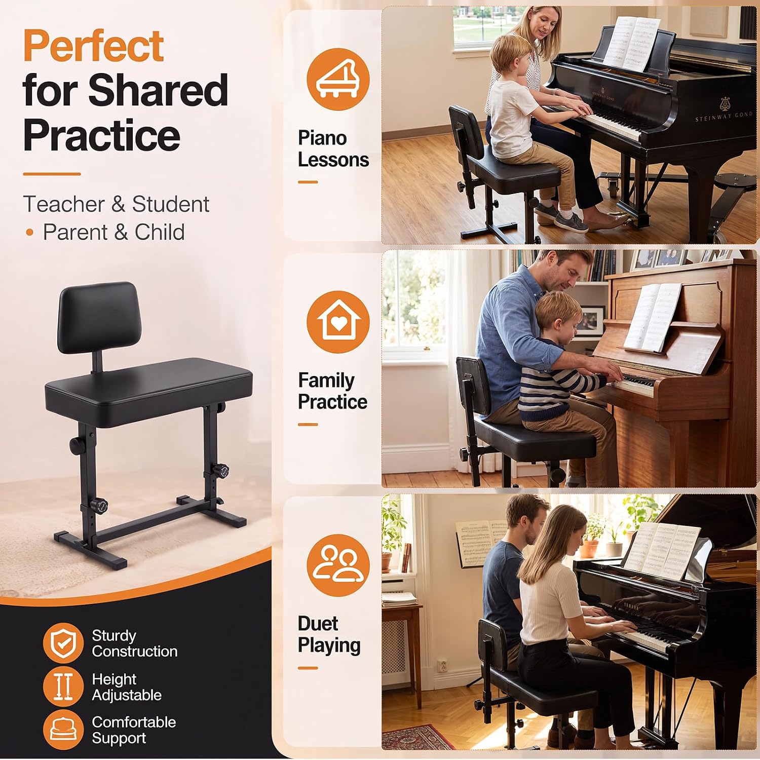 Novabright Extra Wide Duet Piano Bench, Height Adjustable