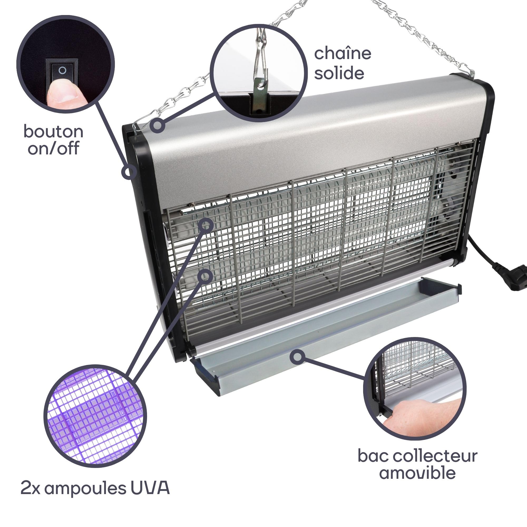 Perel Tueur d' Insectes UV électrique intérieur, Grille 2800V, Appareil Silencieux avec bac métallique Amovible, Couverture 100 m², Solution sans Produits Chimiques