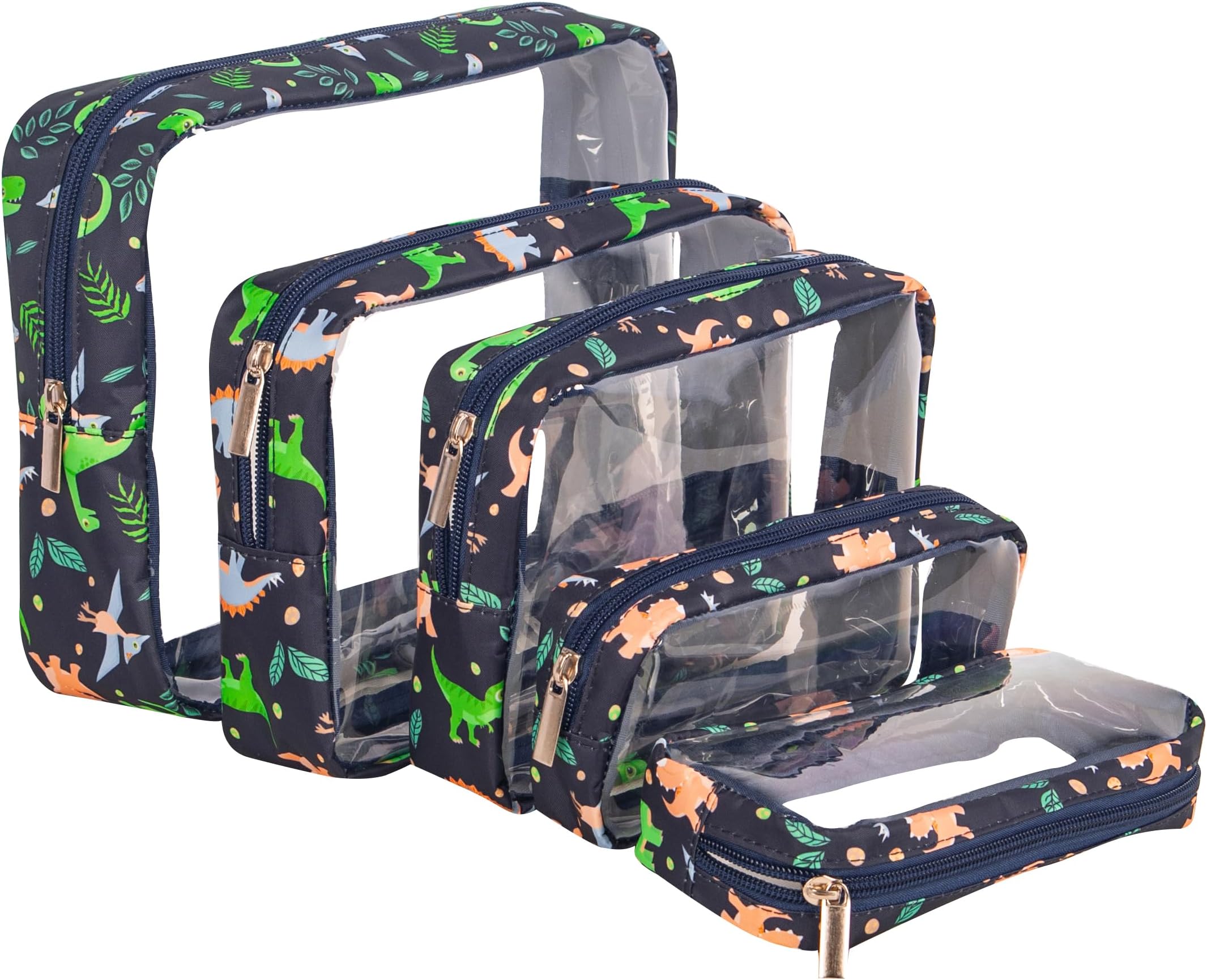 Remobia Hicol TSA Approved 5-Piece Diaper Bag Organizer Pouch Set Clear Waterproof TPU Kids Toiletry Storage Set Travel Packing Clutch Cube Bags for Baby Nursing(Dinosour)