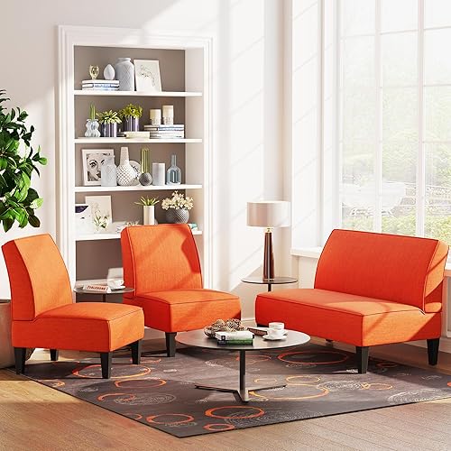 Miniatura 5 de Yongqiang Juego de 2 sillas laterales tapizadas sin brazos para sala de estar, juego de 2 sillas deslizantes para dormitorio, tela de lino naranja