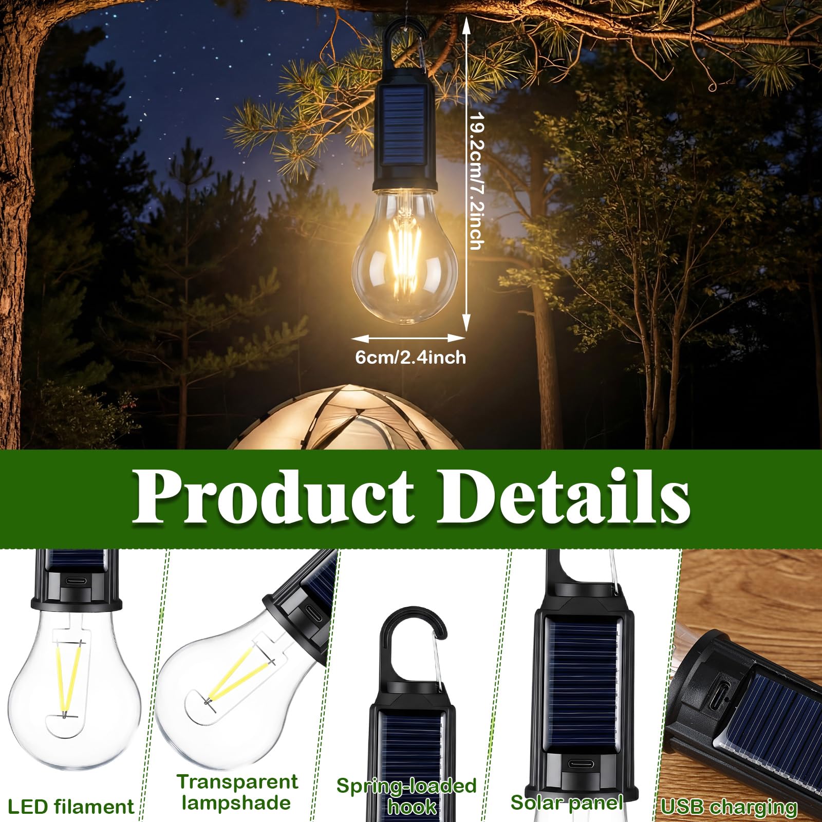 4 lanterne solari da campeggio con luce gialla, lampadina LED ricaricabile per ridurre le zanzare, 3 diverse modalità, luce portatile da appendere con gancio per campeggio, escursionismo