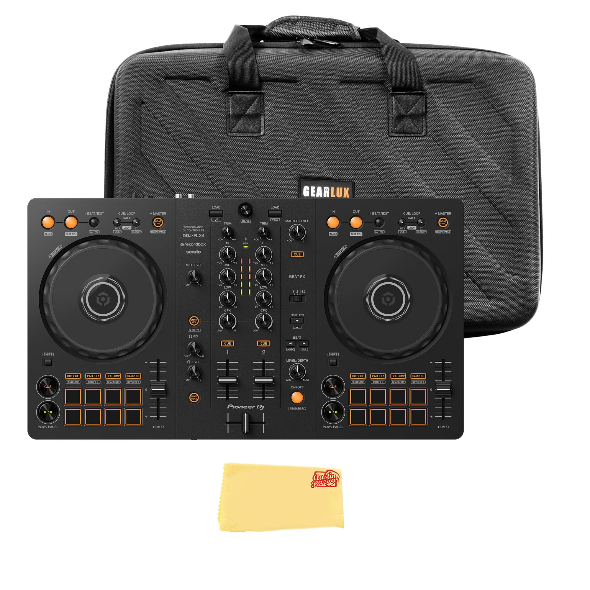 Pioneer DJ DDJ-FLX4 2-K-DJ-Controller – Schwarz Bundle mit Tragetasche und Austin Bazaar Poliertuch